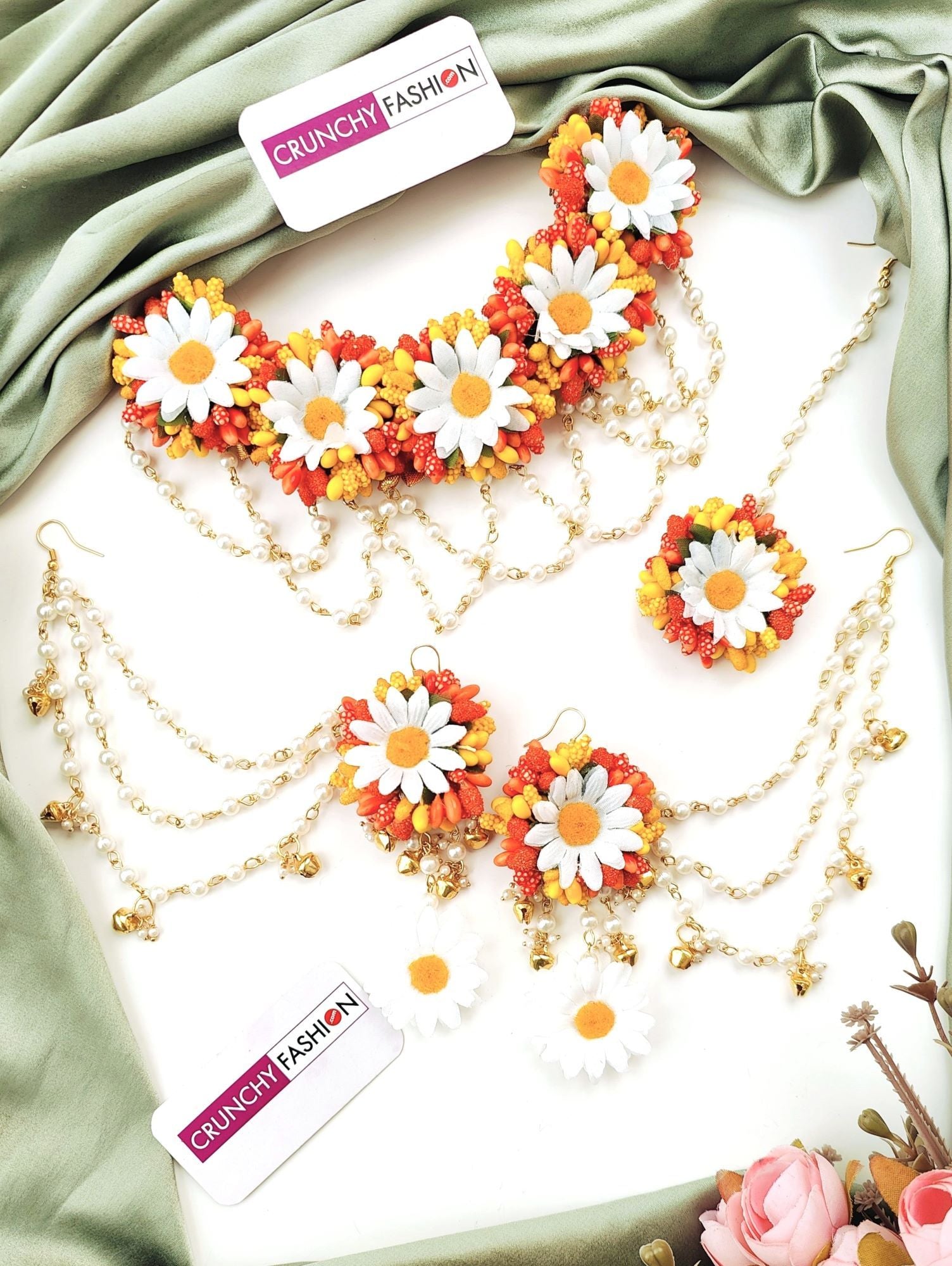 Designer orange & yellow floral-themed artificial flower jewellery set for mehndi ceremony, from Handicraft collection