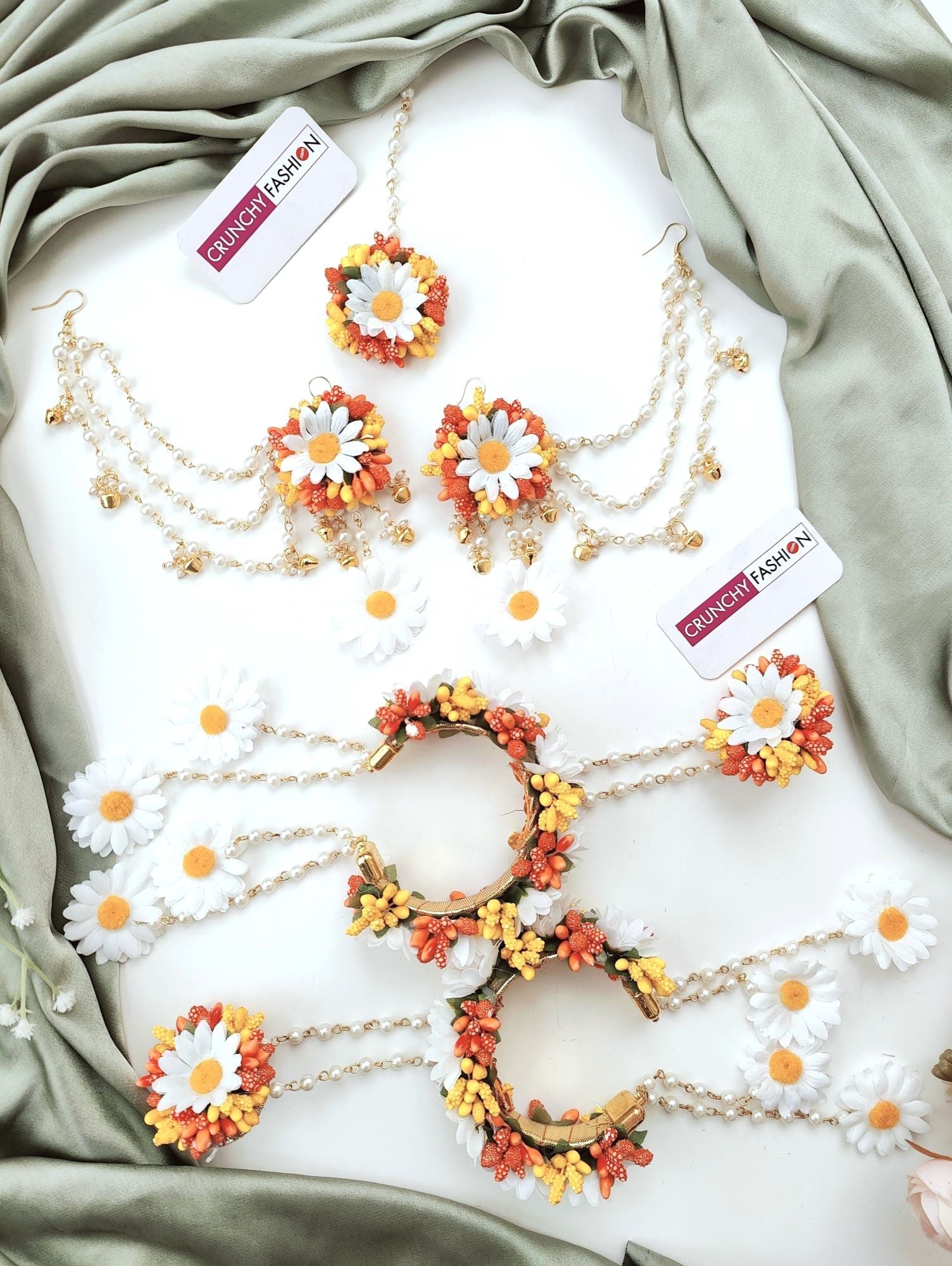 Designer orange & yellow floral-themed artificial flower jewellery set for mehndi ceremony, from Handicraft collection