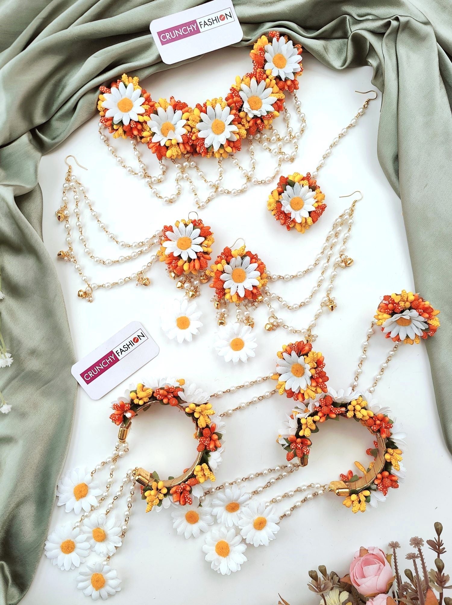 Designer orange & yellow floral-themed artificial flower jewellery set for mehndi ceremony, from Handicraft collection