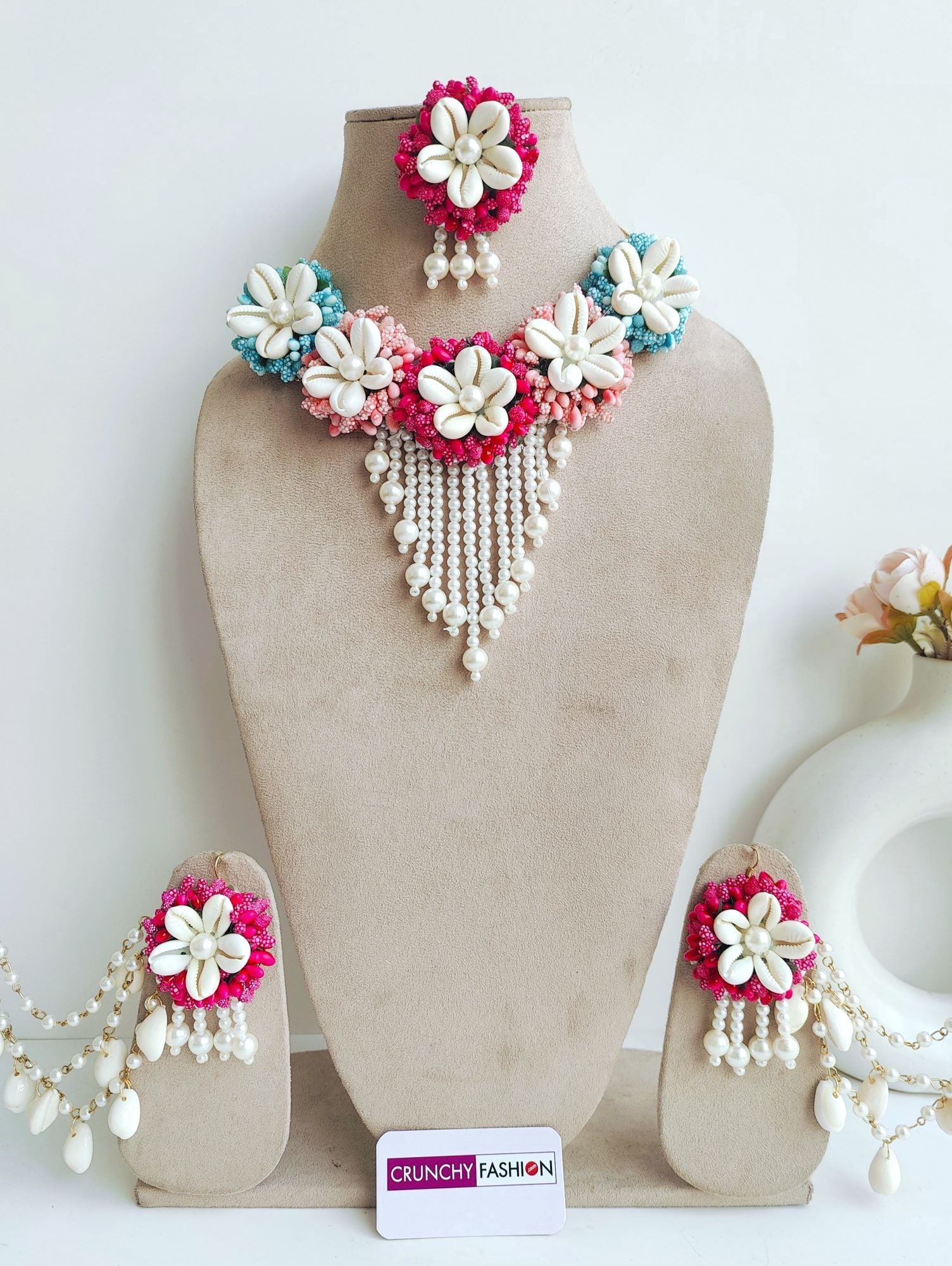 Pink-Sky Blue Designer Floral Jewellery Set for Women, ideal for Mehandi occasions, part of HANDICRAFT collection