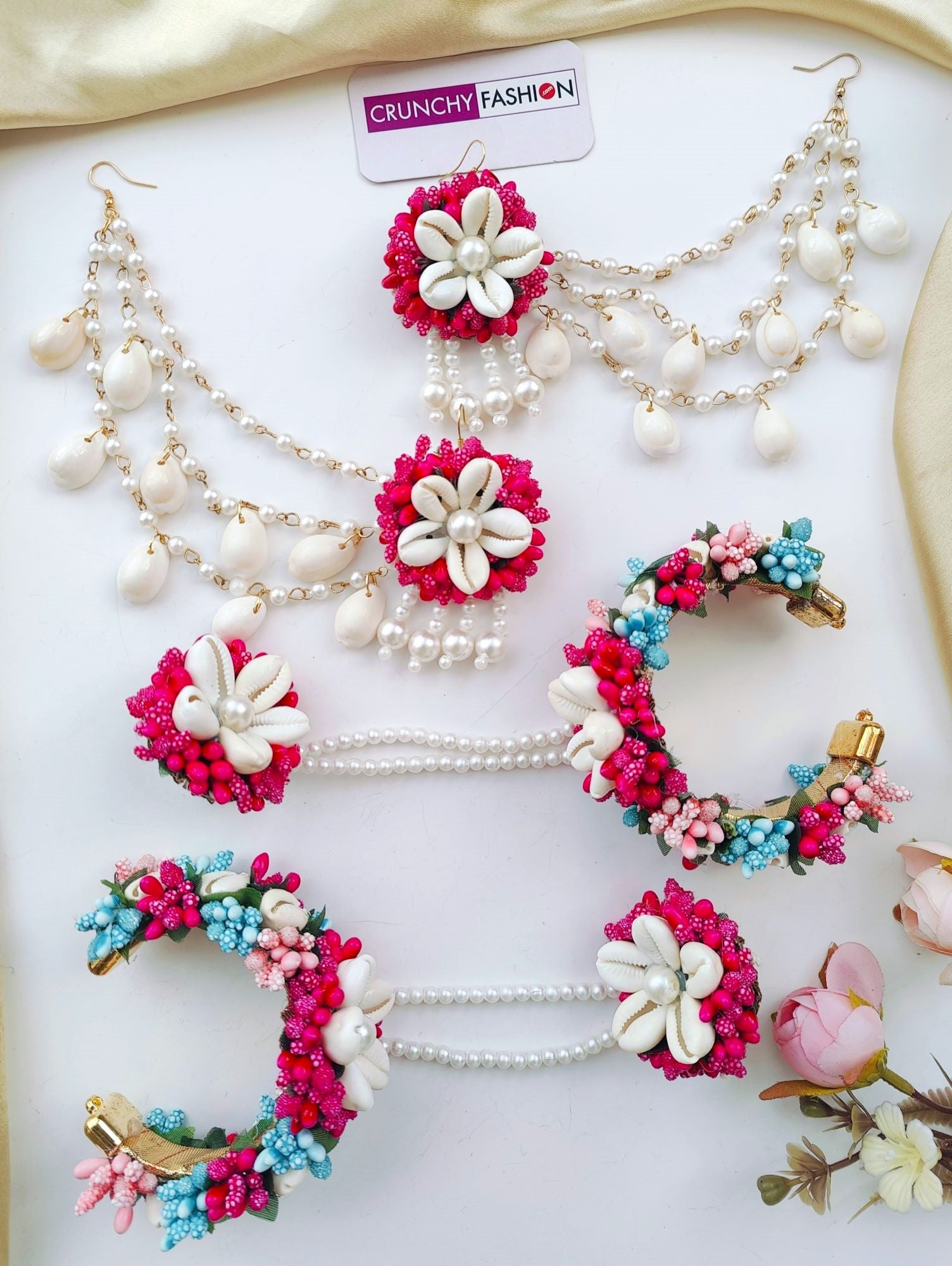 Pink/Blue FLowers & Shells Jewelry for Haldi-Mehndi, Baby Shower