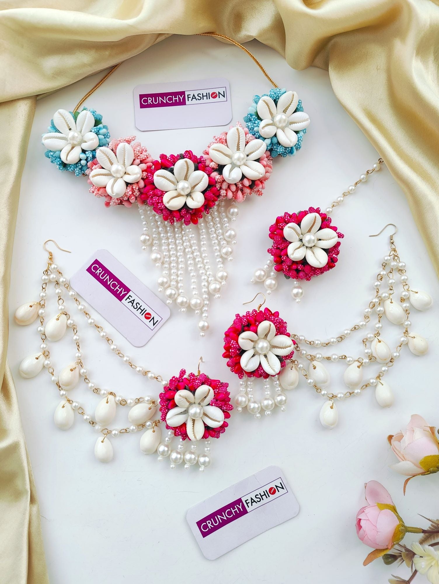 Pink/Blue FLowers & Shells Jewelry for Haldi-Mehndi, Baby Shower
