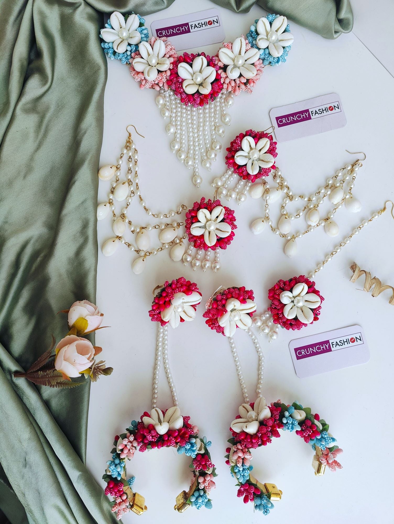 Pink/Blue FLowers & Shells Jewelry for Haldi-Mehndi, Baby Shower