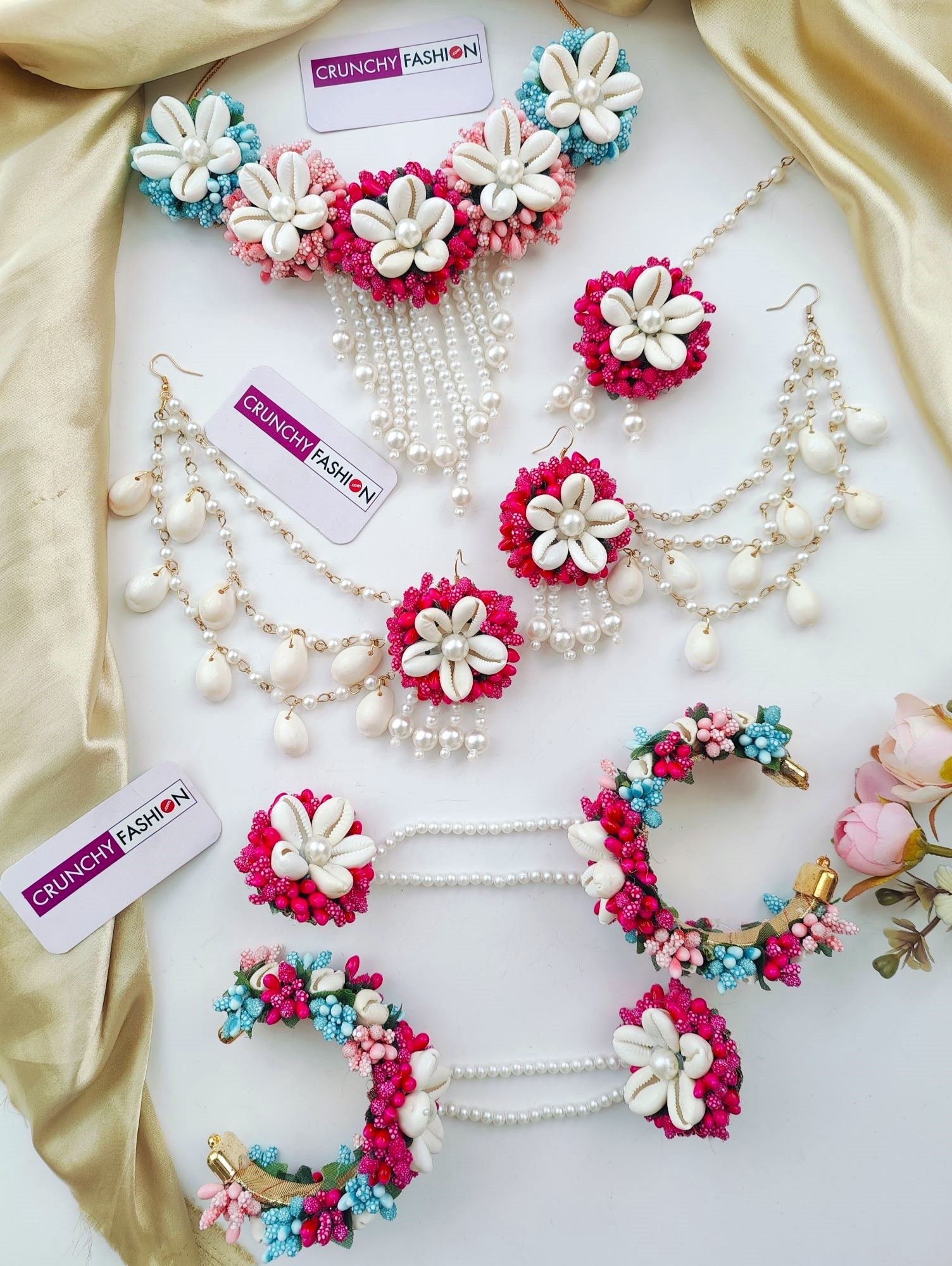 Pink/Blue FLowers & Shells Jewelry for Haldi-Mehndi, Baby Shower