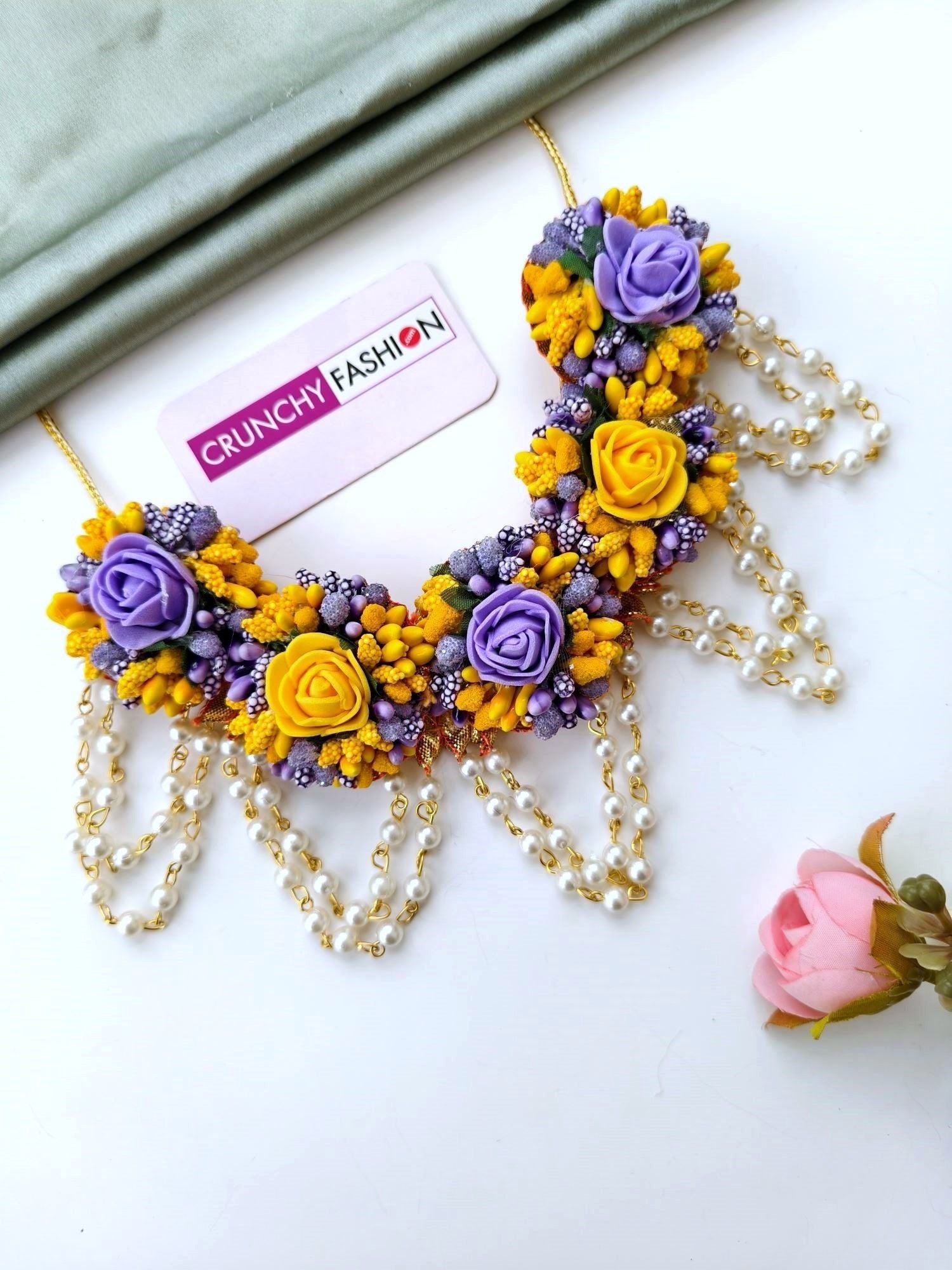 Handcrafted yellow and purple floral bridal jewellery set for women, ideal for haldi, mehndi, and spring weddings 2026