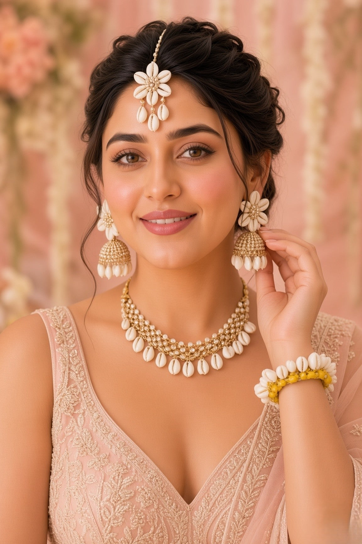 Pearl & Sea Shell Haldi Mehndi Jewellery Set with Kaliras