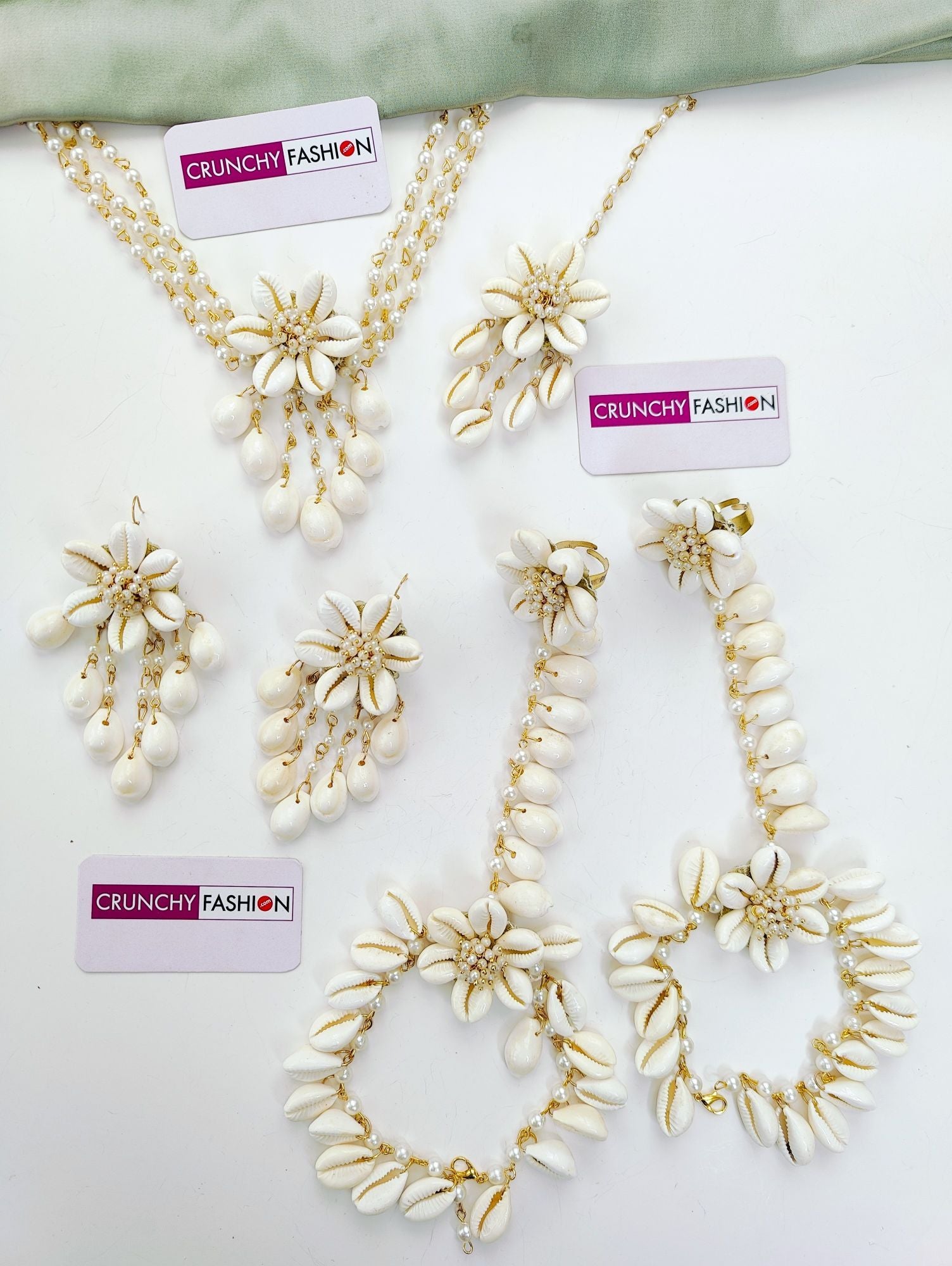 Haldi Mehndi Pearl & Sea Shell Flower Jewellery Set
