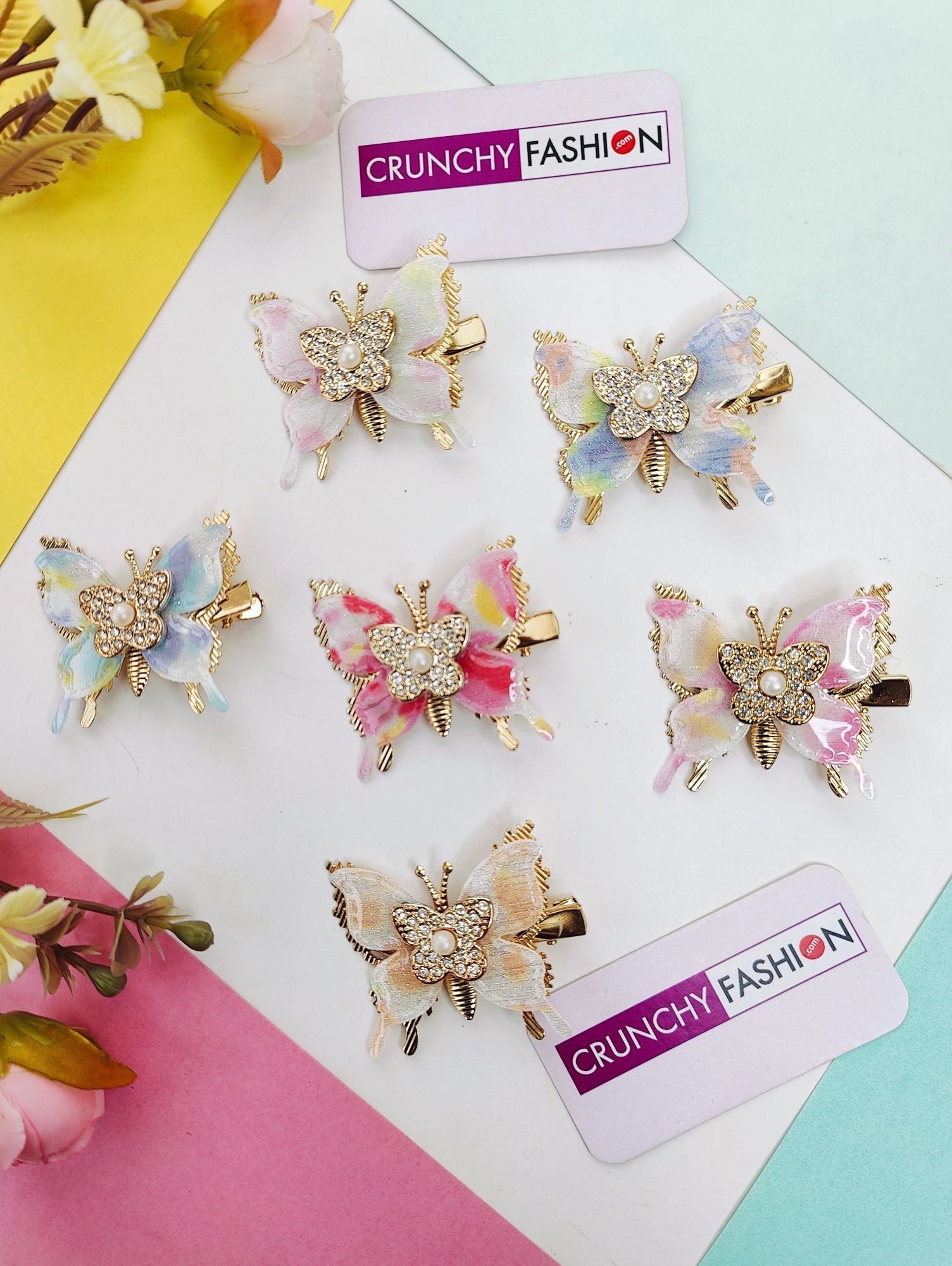 New multicolor butterfly hair pin set, gold-plated alloy, ideal for women and girls at parties or haldi mehndi events
