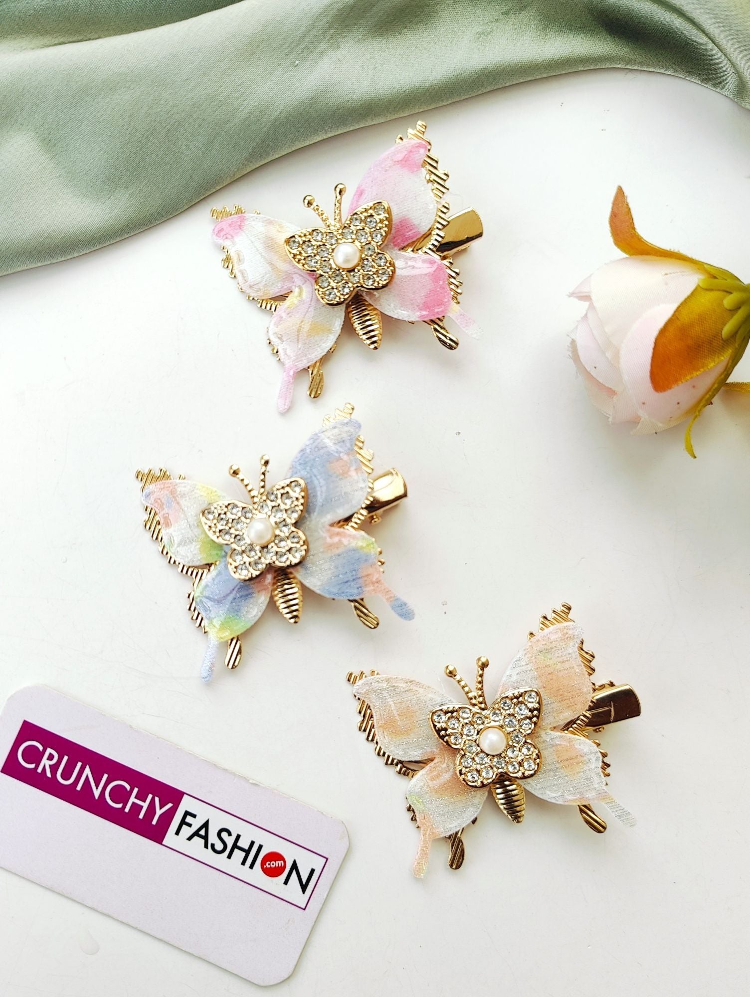 New multicolor butterfly hair pin set, gold-plated alloy, ideal for women and girls at parties or haldi mehndi events