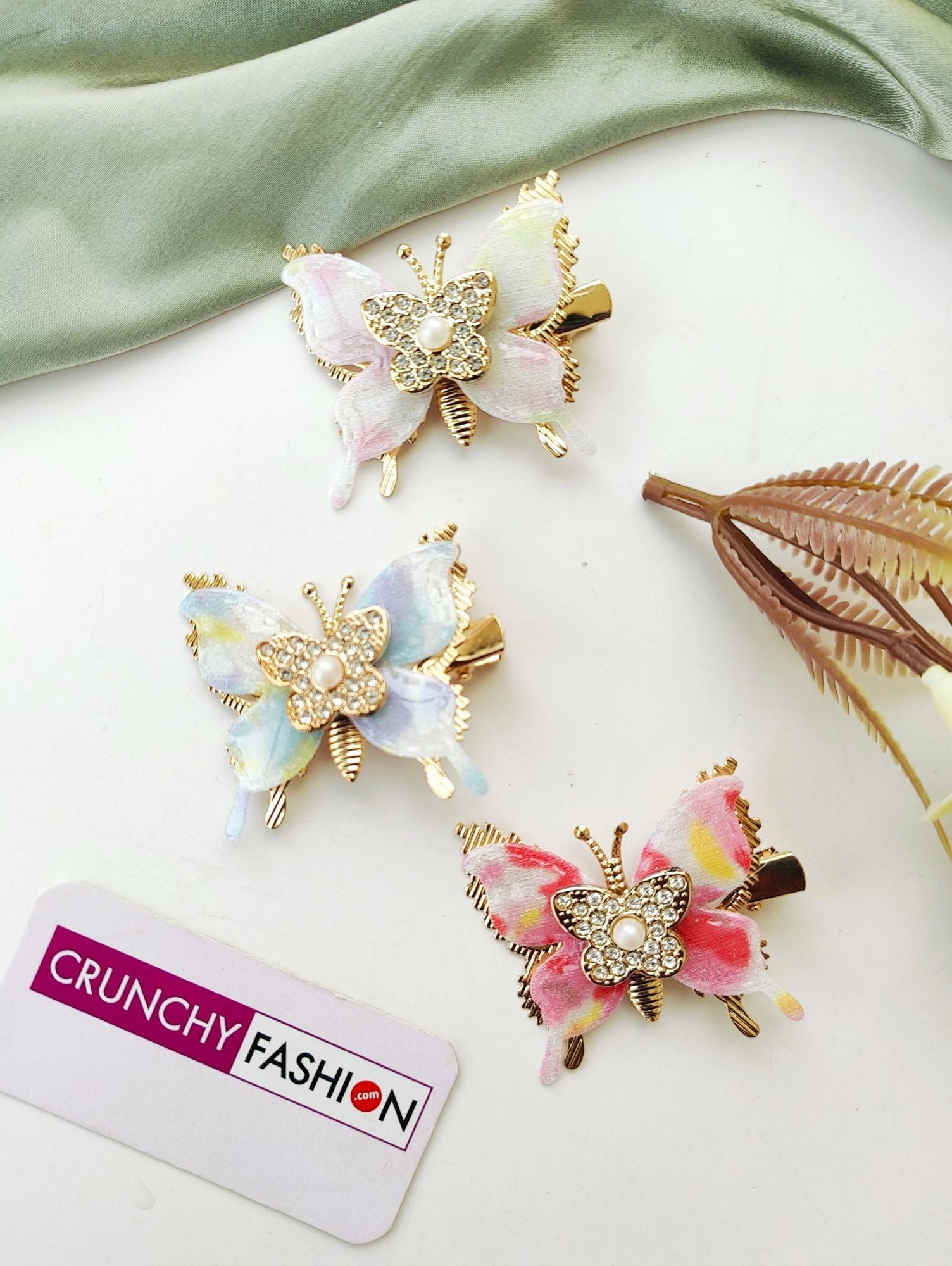 New multicolor butterfly hair pin set, gold-plated alloy, ideal for women and girls at parties or haldi mehndi events