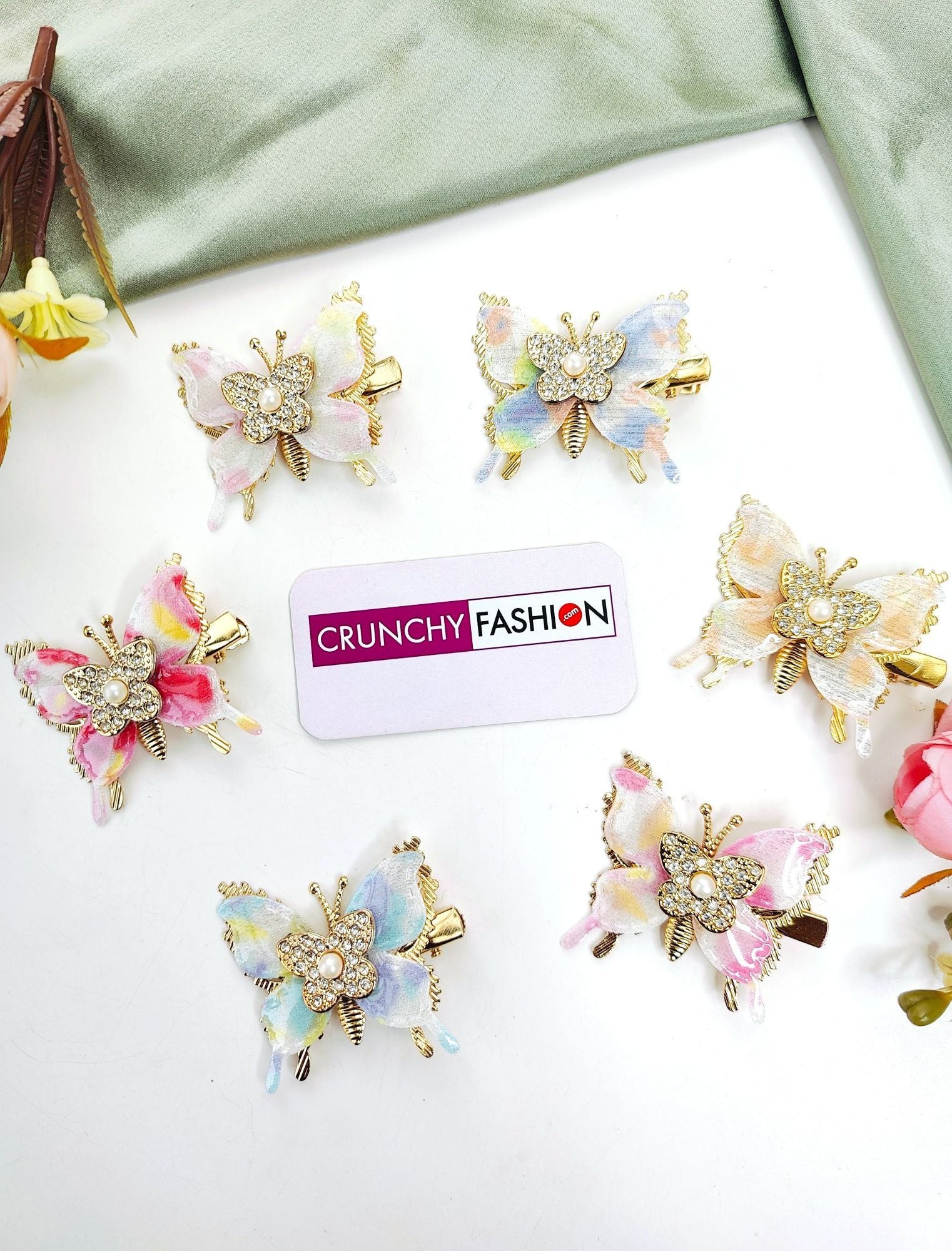 New multicolor butterfly hair pin set, gold-plated alloy, ideal for women and girls at parties or haldi mehndi events