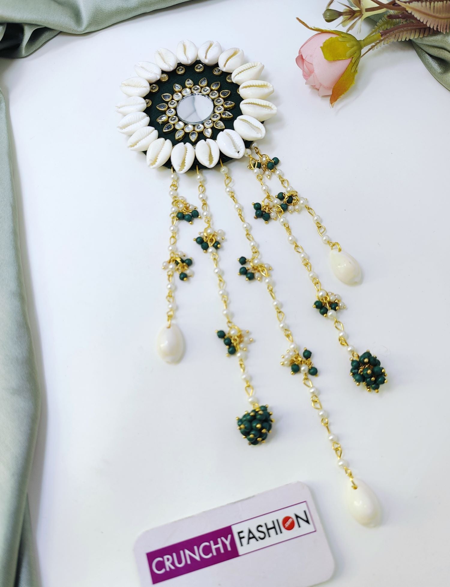 green floral hair accessory for wedding and mehndi open hair