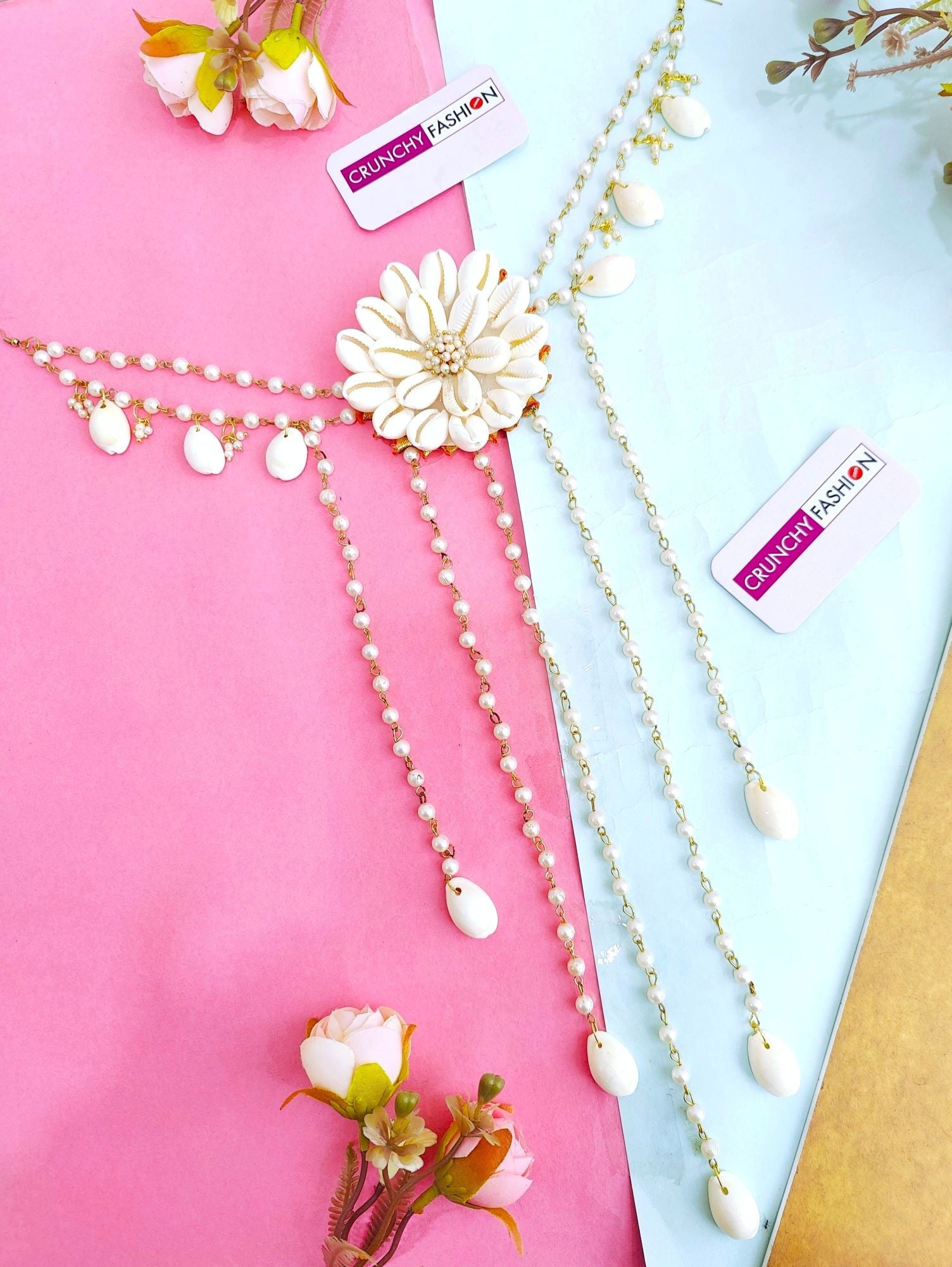 Floral Elegance Sea Shell Hair Pin - Off-White Gold Plated Fashion Accessory for Haldi and Wedding