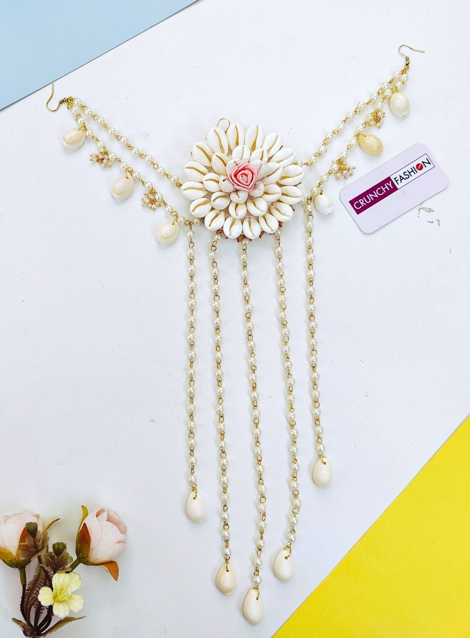 Off-white pink flower sea shell hair pin with gold plating for haldi and wedding occasions