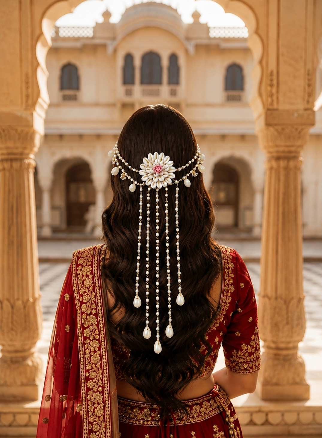 Pink Floral Seashell Hair Pin | Gold Plated for Weddings & Haldi