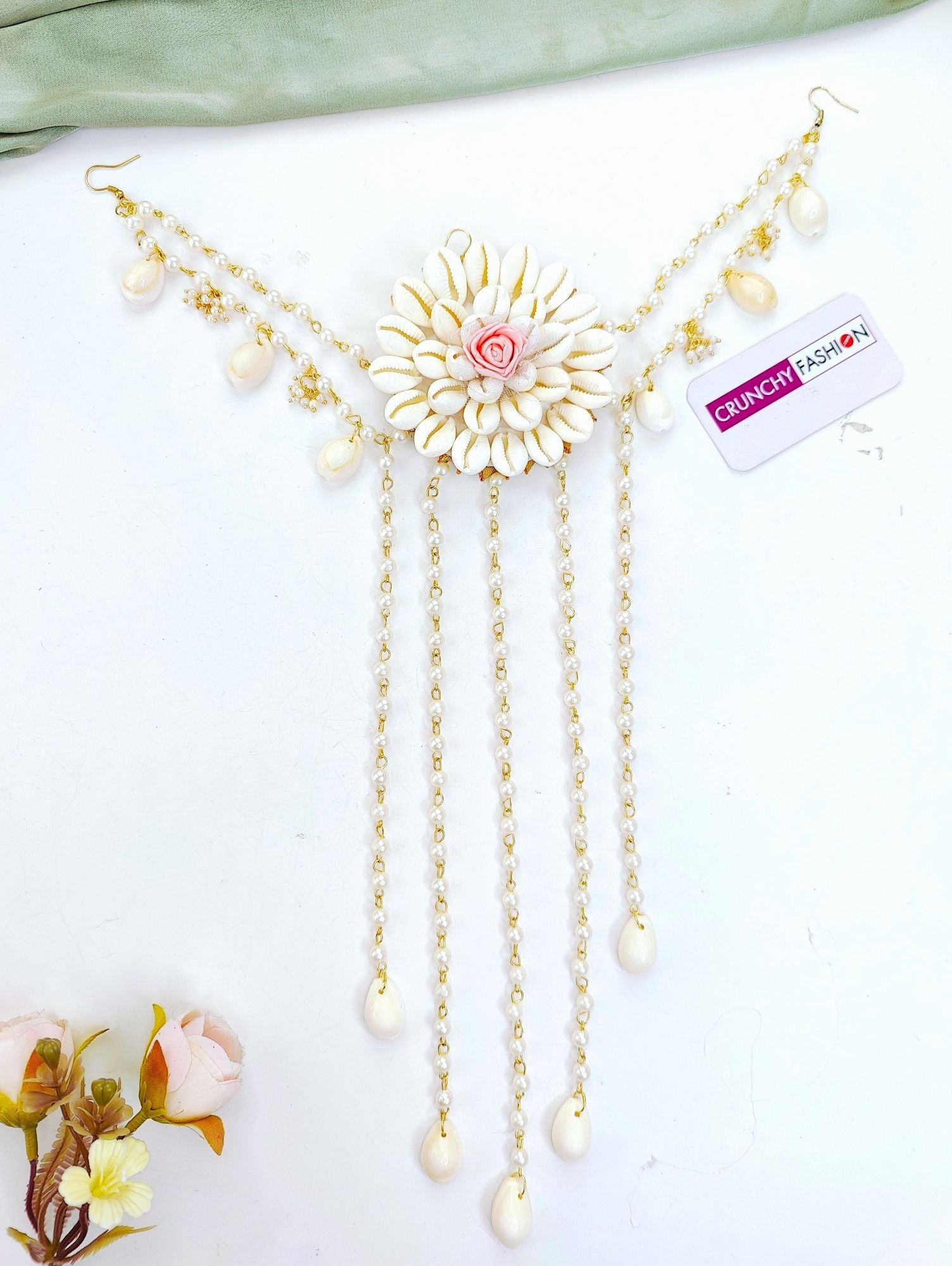 Off-white pink flower sea shell hair pin with gold plating for haldi and wedding occasions