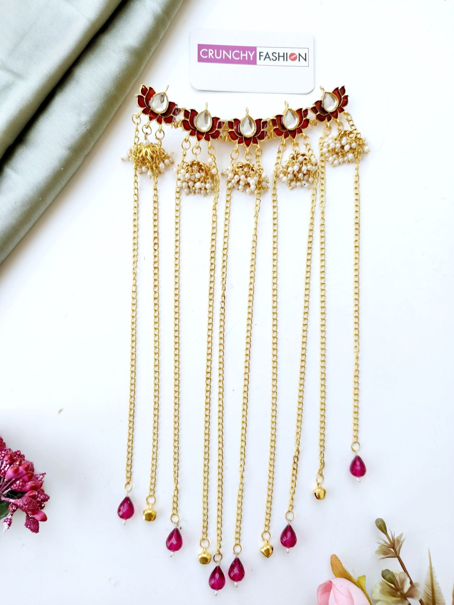 Maroon gold-plated lotus flower hair accessories for women, floral hair pin for wedding or haldi hairstyle