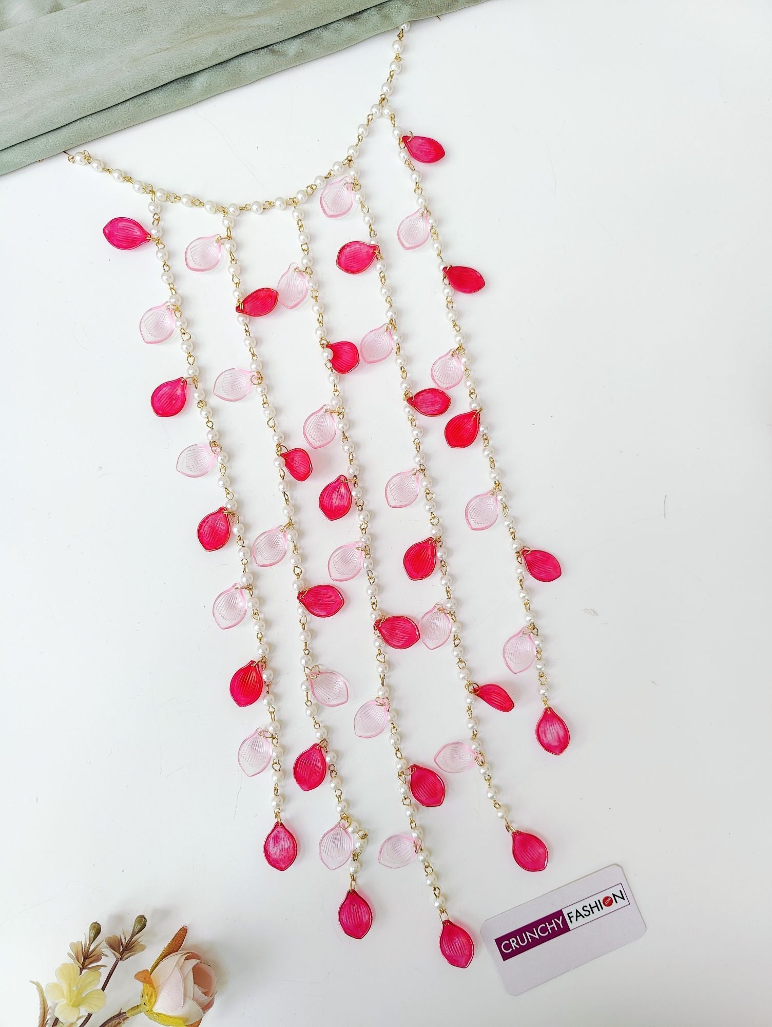 Pink-baby pink acrylic flower hair pin with gold-plated curb chain, ideal haldi and wedding hair accessory for women