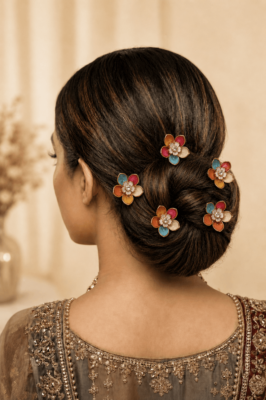Multicolored Acrylic Flower Hair Pins for Haldi Mehndi