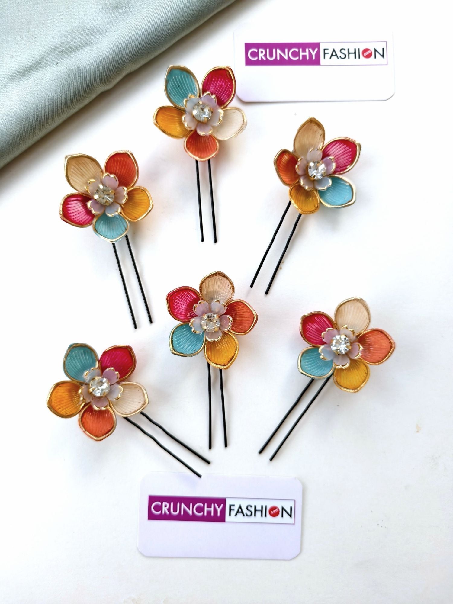 Fashion Fiesta: Multicolored Acrylic Flower Hair Pins for Haldi & Wedding