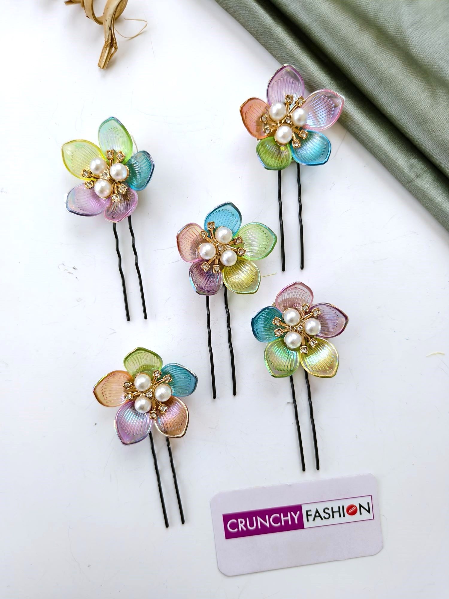 multicolored acrylic floral hair pin, gold plated wedding accessory