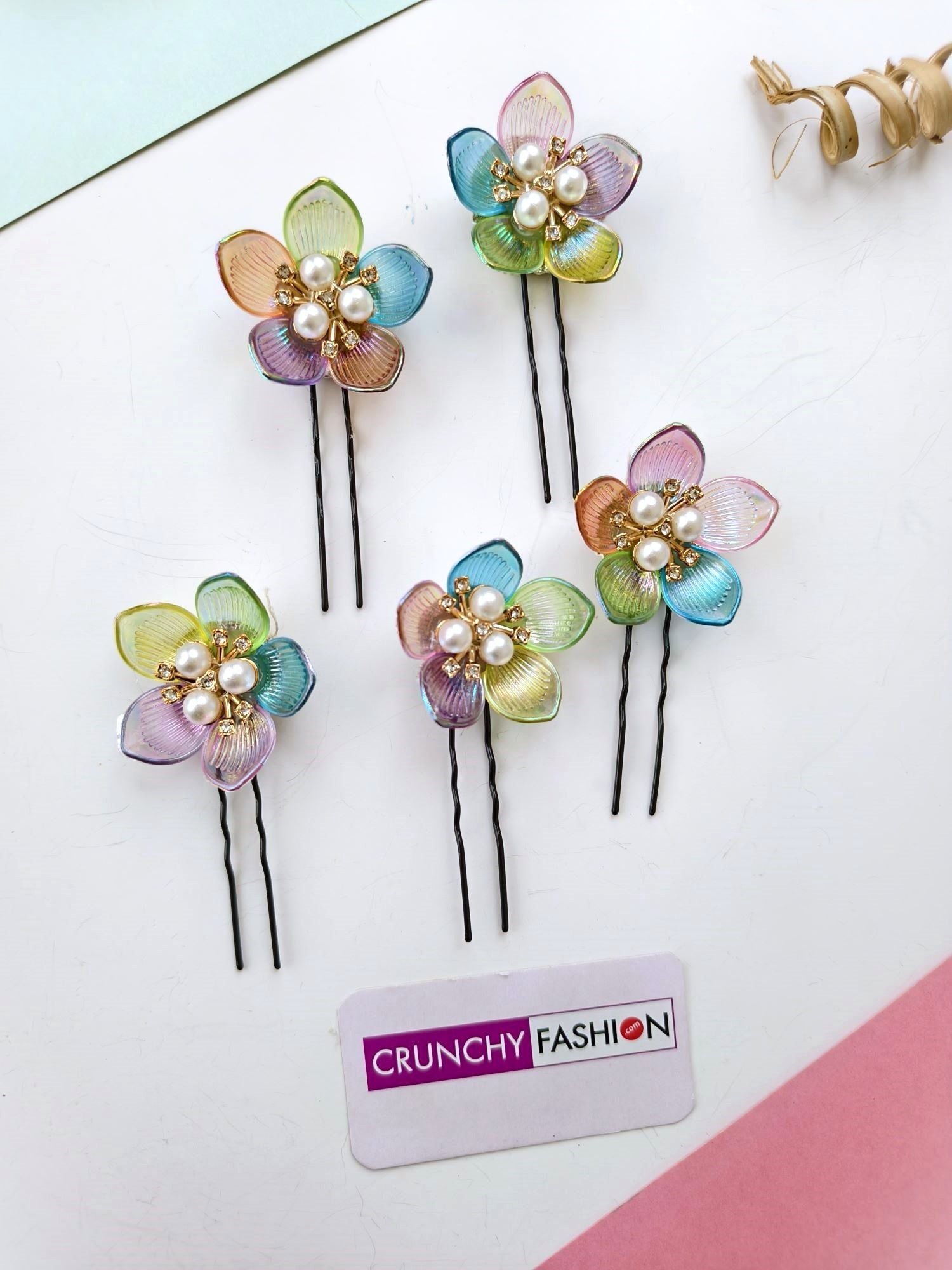 multicolored acrylic floral hair pin, gold plated wedding accessory