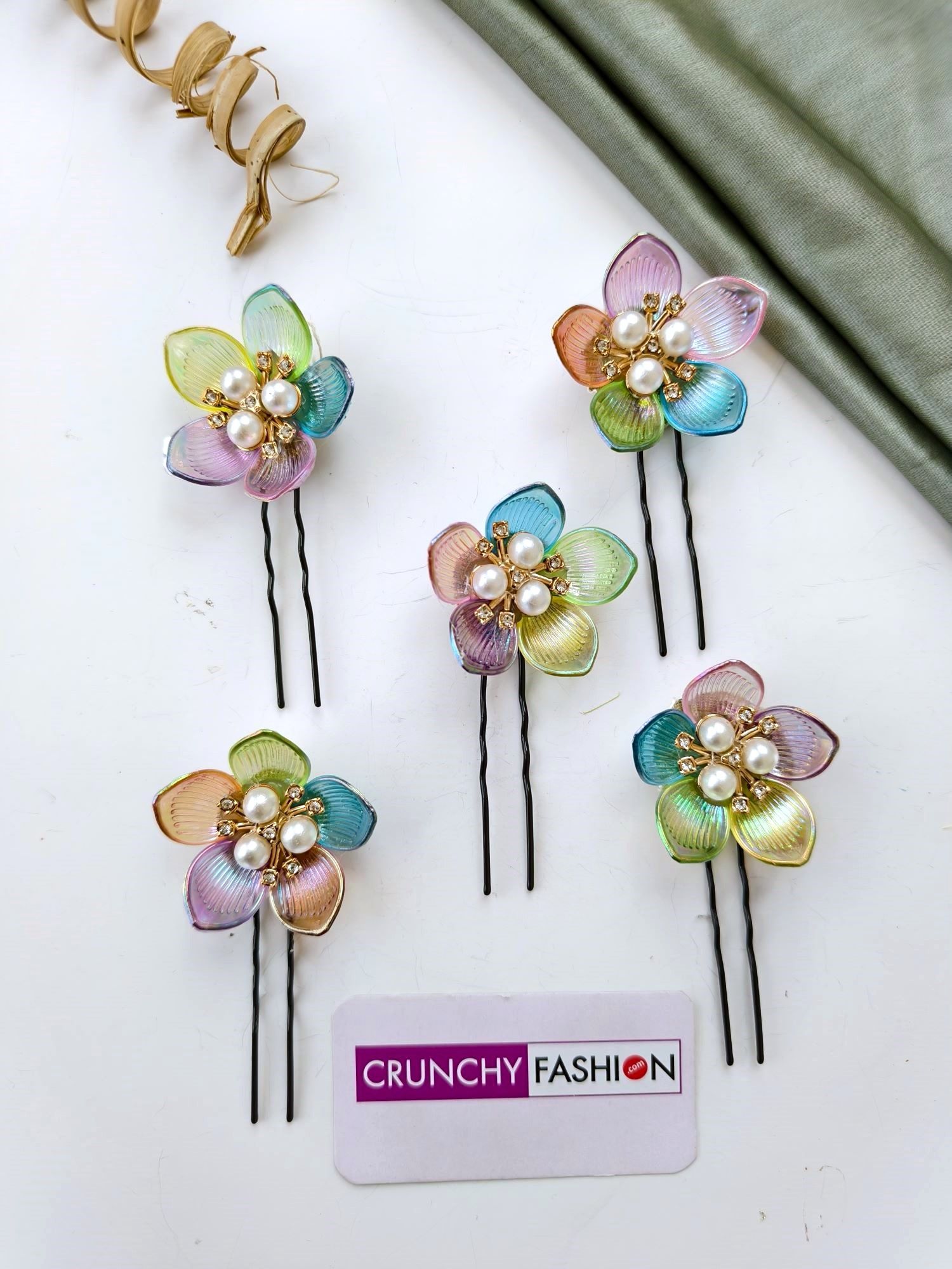 multicolored acrylic floral hair pin, gold plated wedding accessory