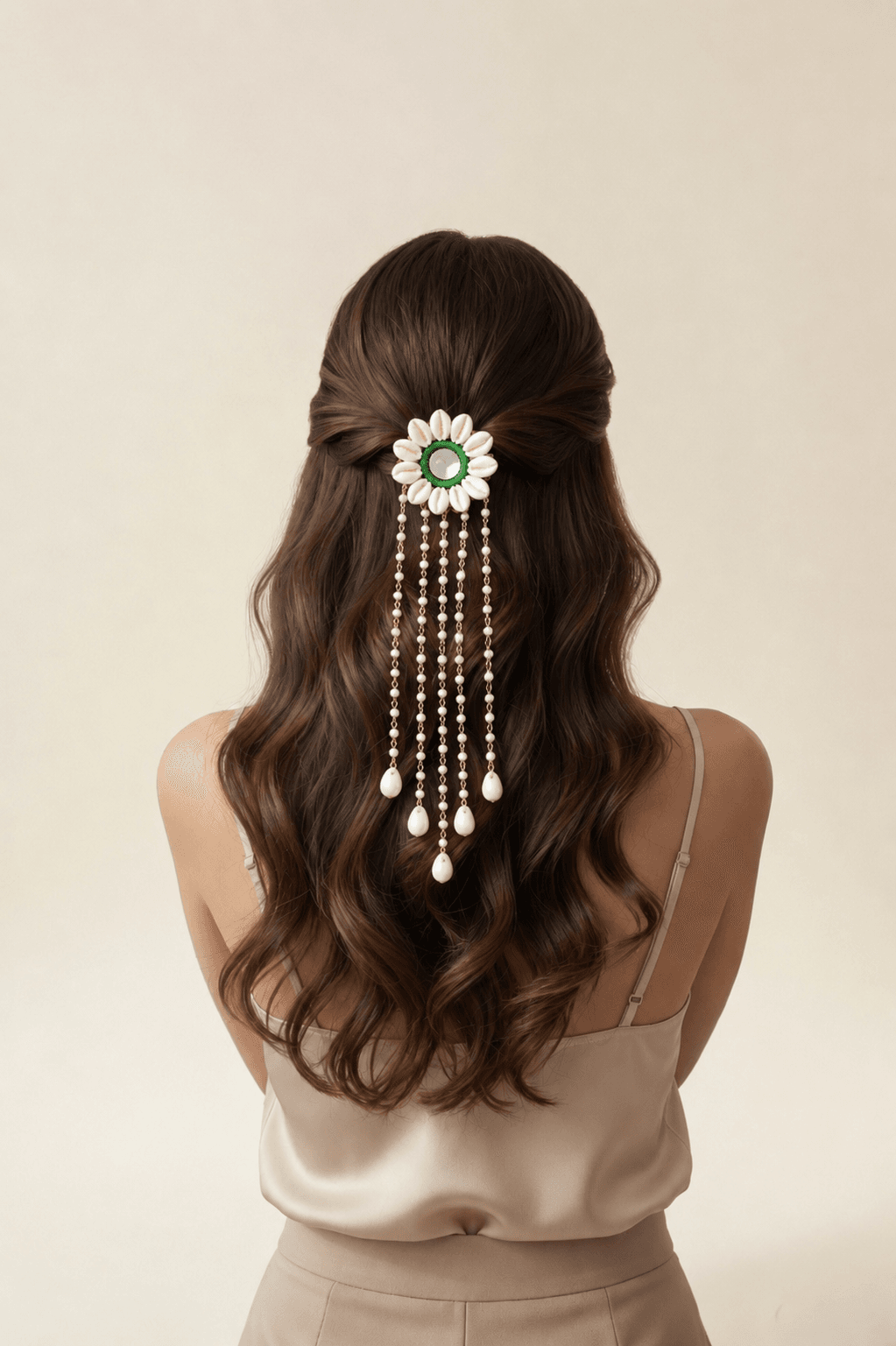 Handmade Shell & Pearl Mirror Hair Accessories for Haldi Mehndi