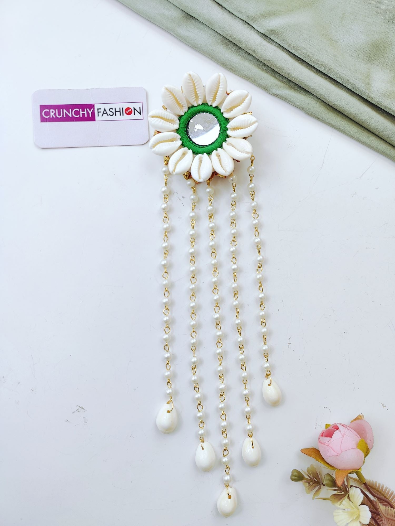 Handmade green shell and pearl hair accessories for women, perfect for haldi, mehndi, and Indian bridal looks
