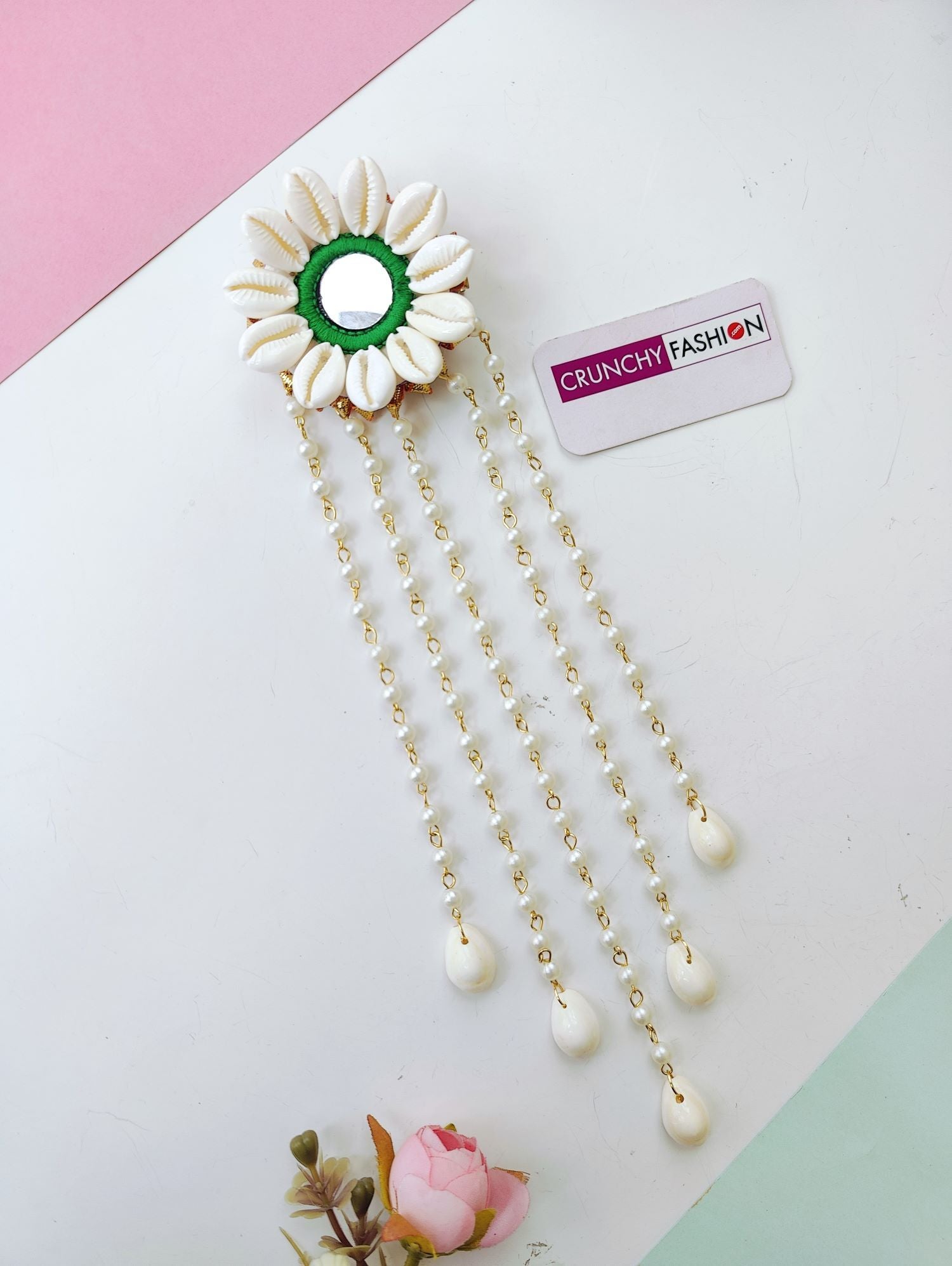 Handmade green shell and pearl hair accessories for women, perfect for haldi, mehndi, and Indian bridal looks