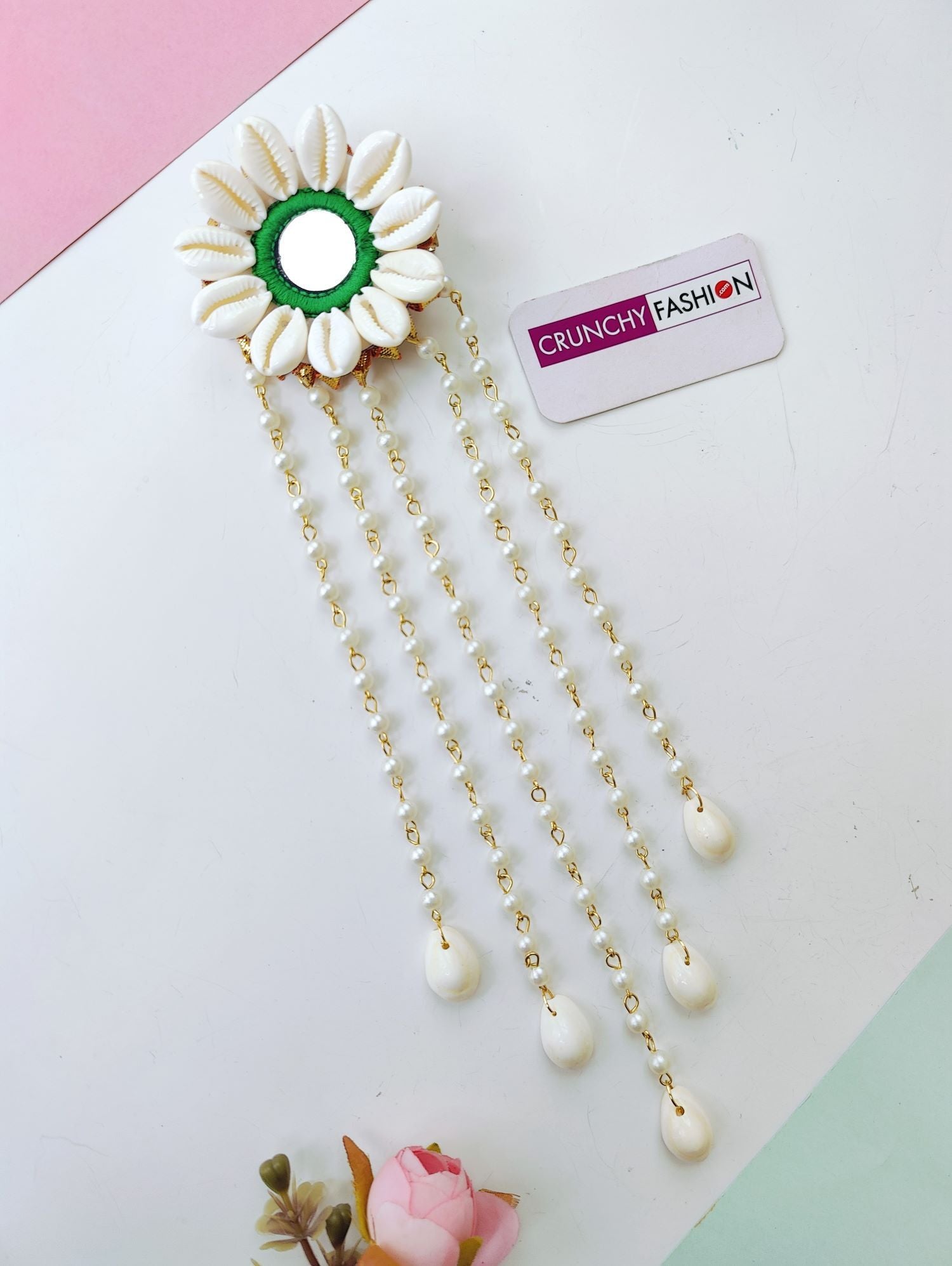 Handmade green shell and pearl hair accessories for women, perfect for haldi, mehndi, and Indian bridal looks