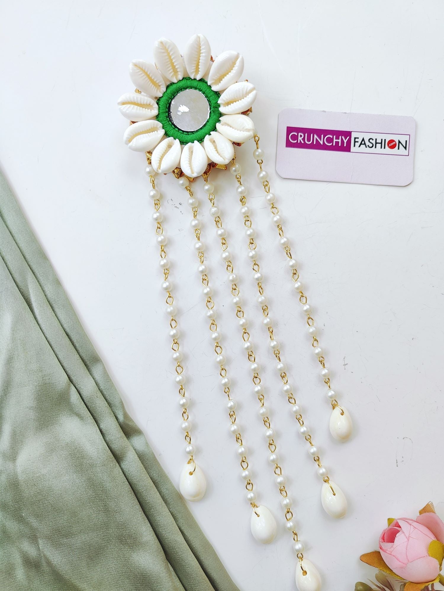 Handmade green shell and pearl hair accessories for women, perfect for haldi, mehndi, and Indian bridal looks