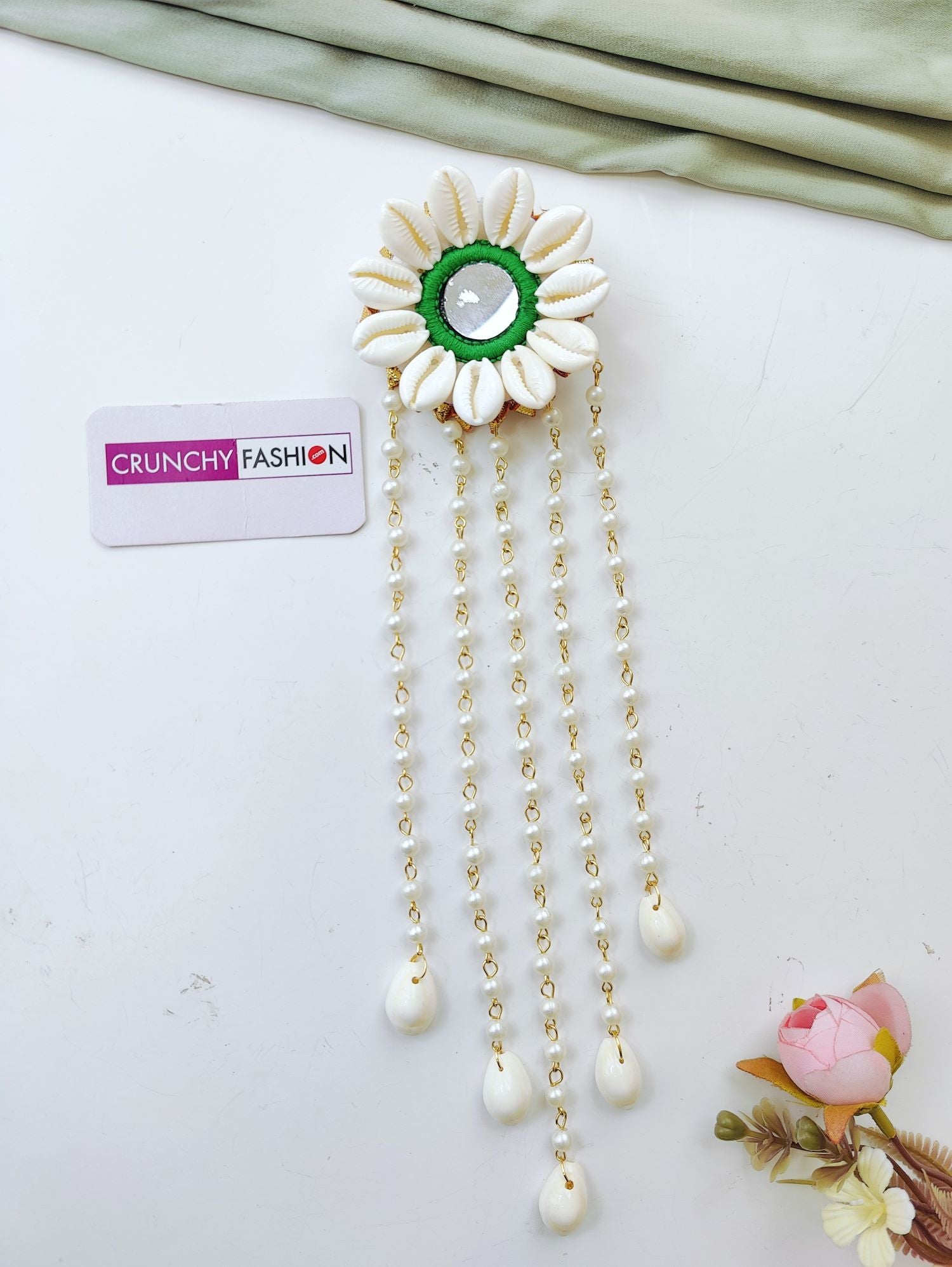 Handmade green shell and pearl hair accessories for women, perfect for haldi, mehndi, and Indian bridal looks