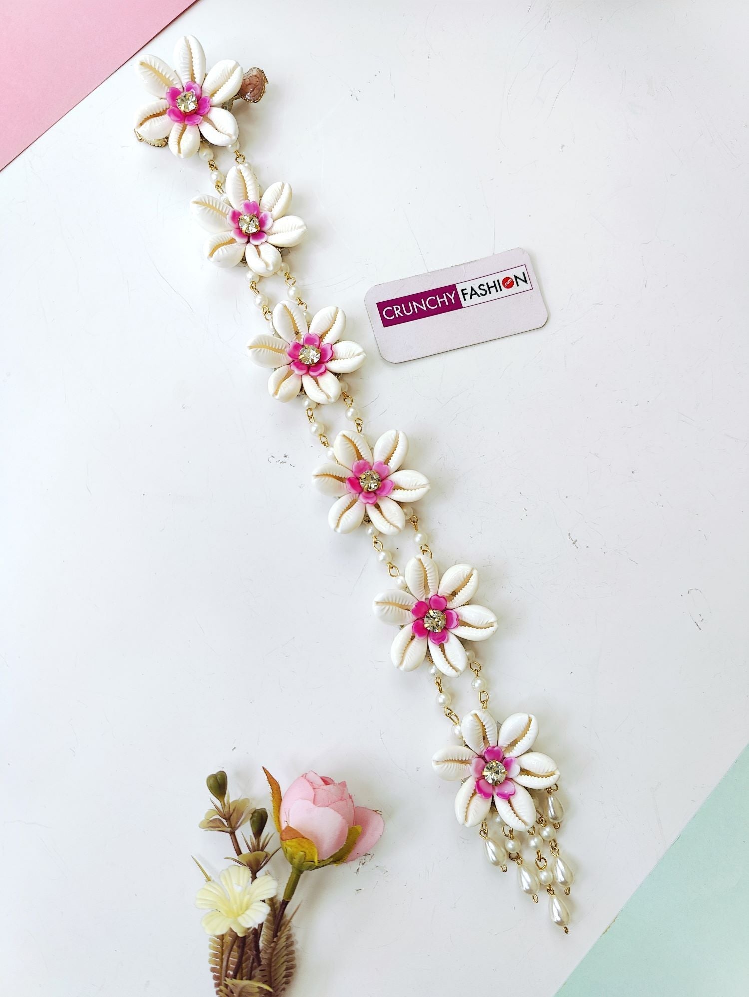 pink shell and pearl hair accessories for women, bridal and Haldi