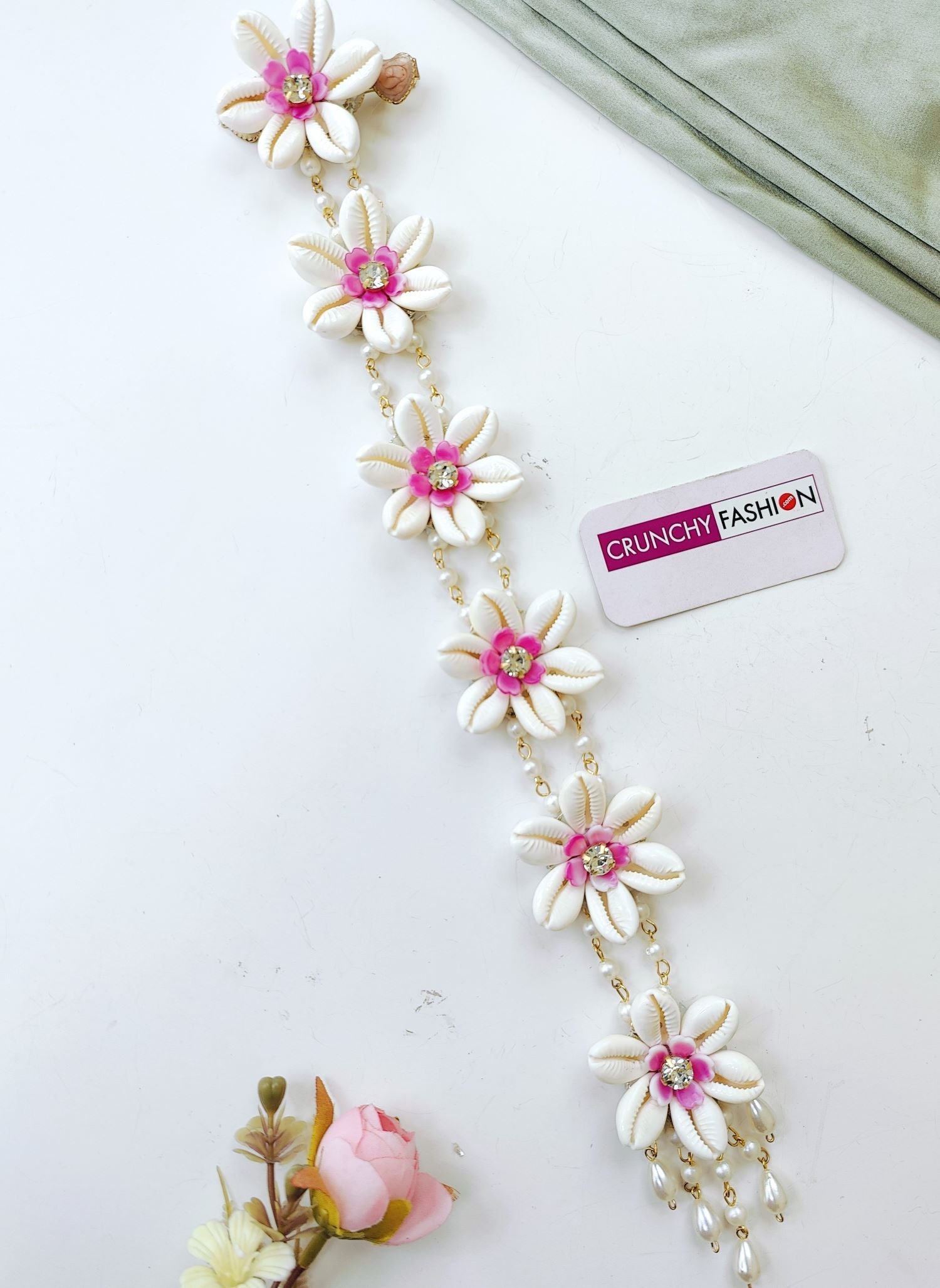 pink shell and pearl hair accessories for women, bridal and Haldi