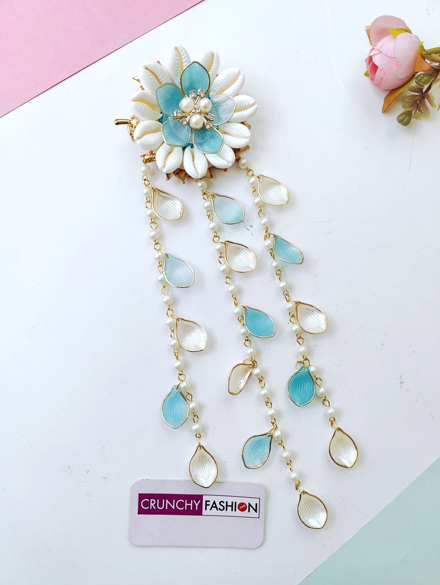 Handmade shell and pearl hair accessories for women, sky-blue minimal bridal and haldi hair accessories 2026