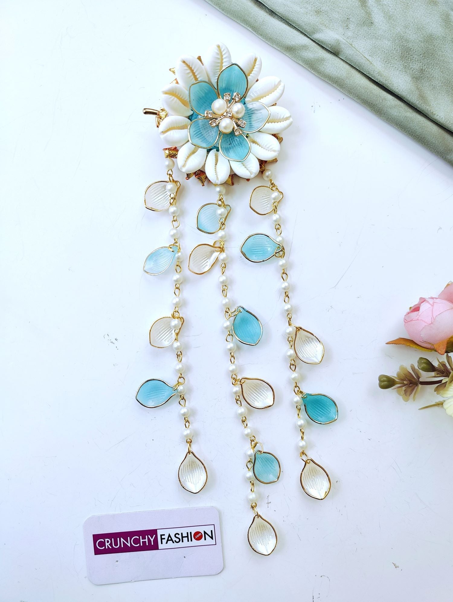 Handmade shell and pearl hair accessories for women, sky-blue minimal bridal and haldi hair accessories 2026