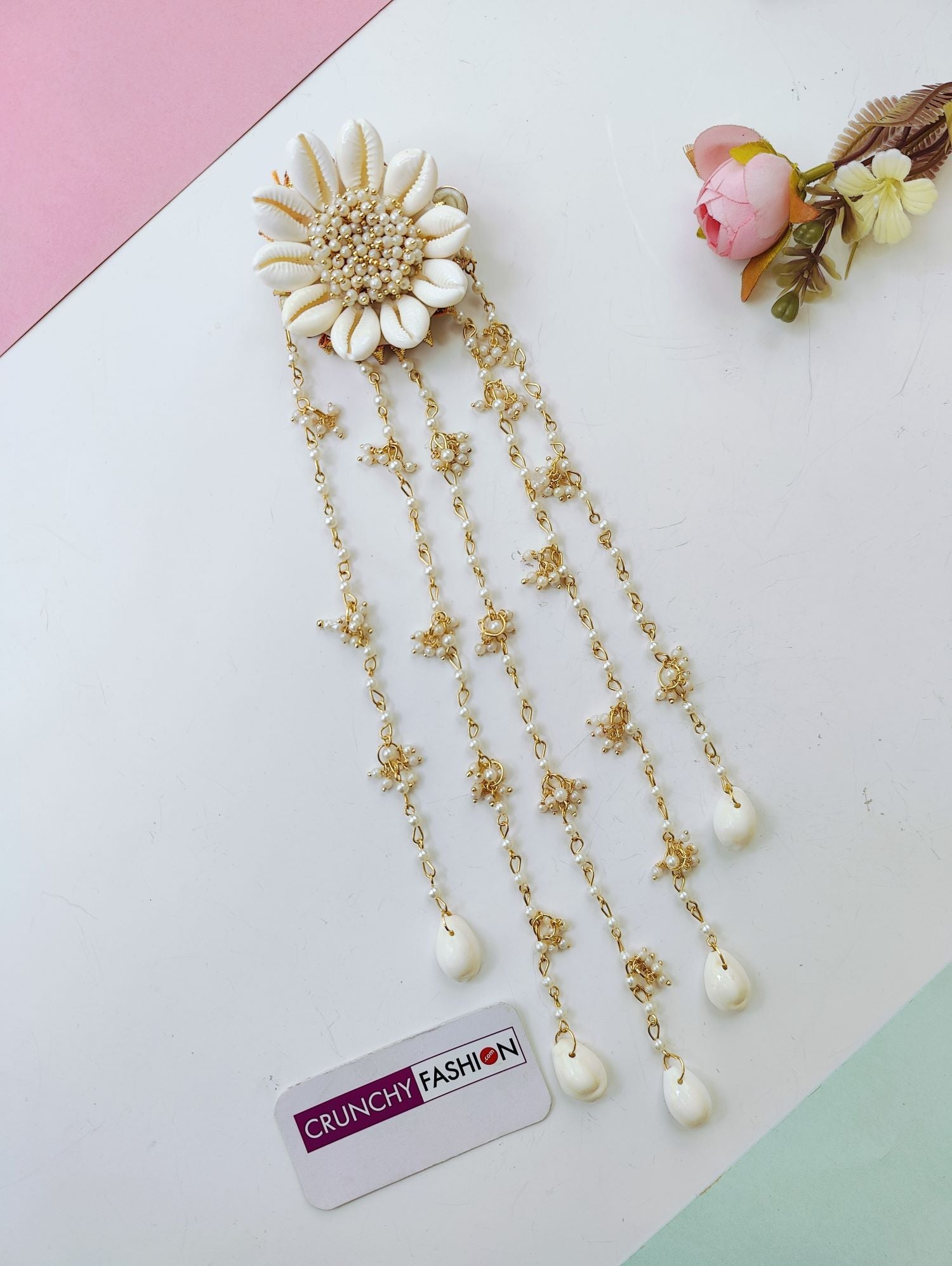 Handmade shell and pearl hair accessories for women, white pearl & cowrie shell, bridal and minimal style