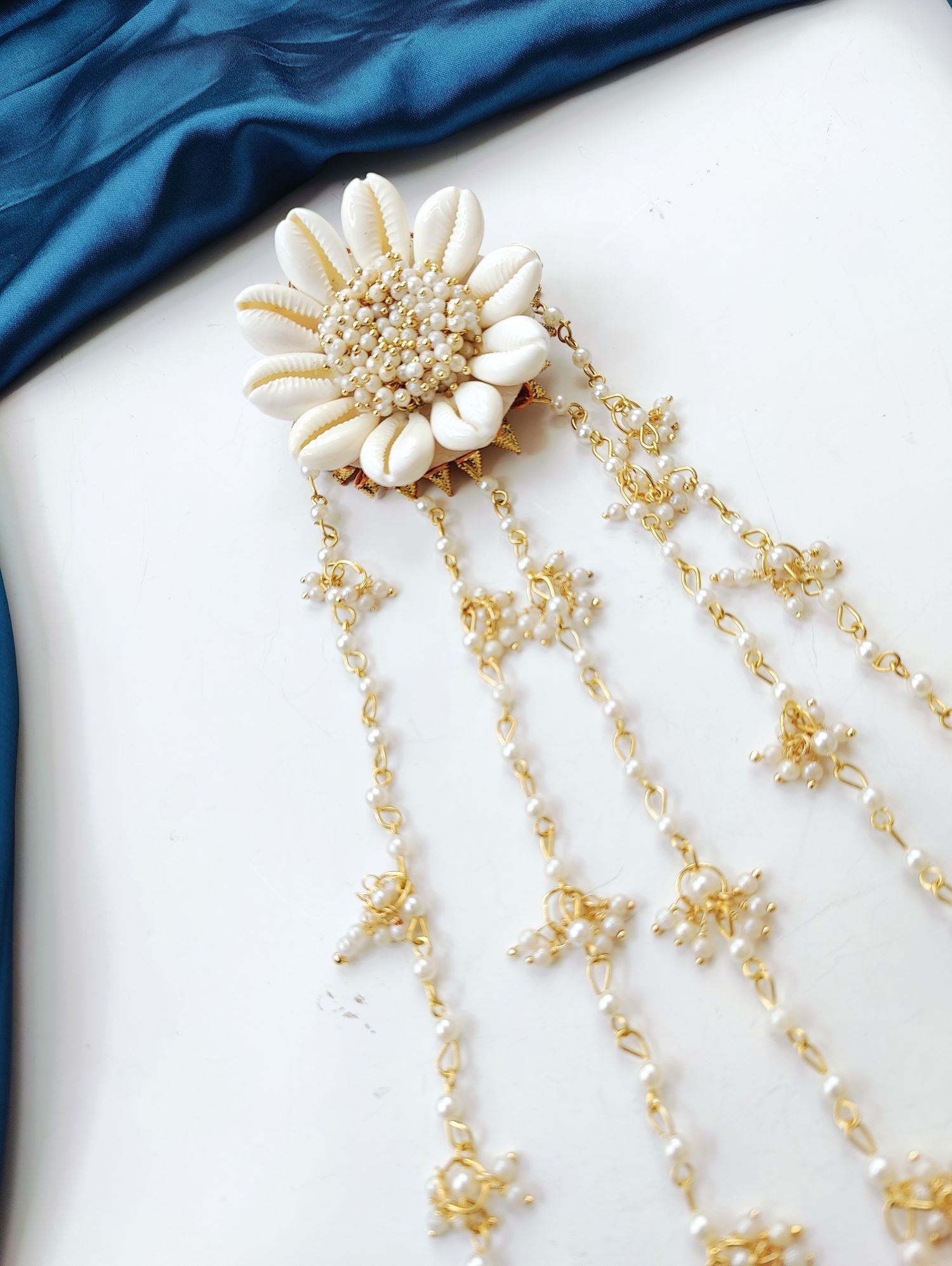 Handmade shell and pearl hair accessories for women, white pearl & cowrie shell, bridal and minimal style