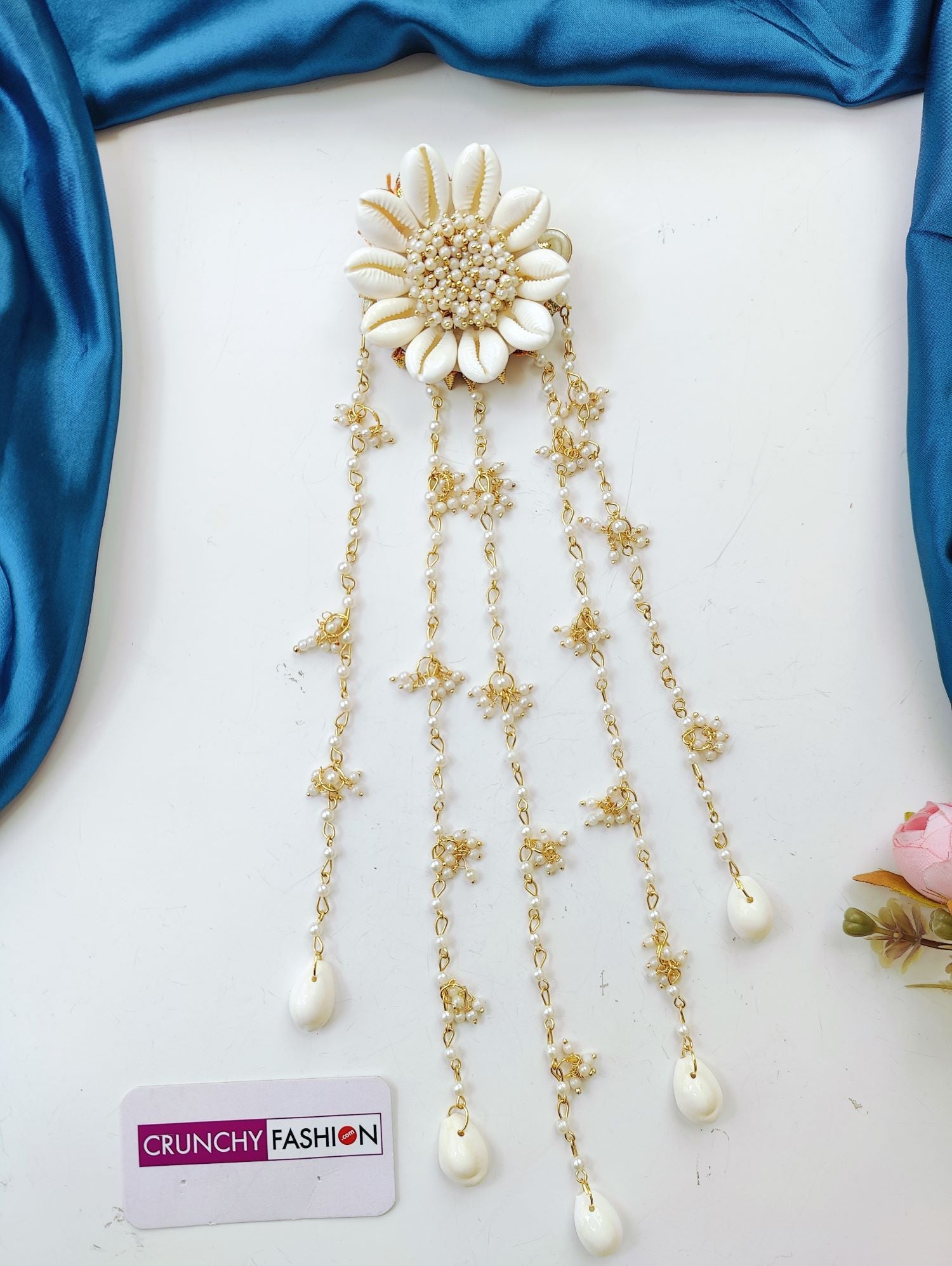 Handmade shell and pearl hair accessories for women, white pearl & cowrie shell, bridal and minimal style