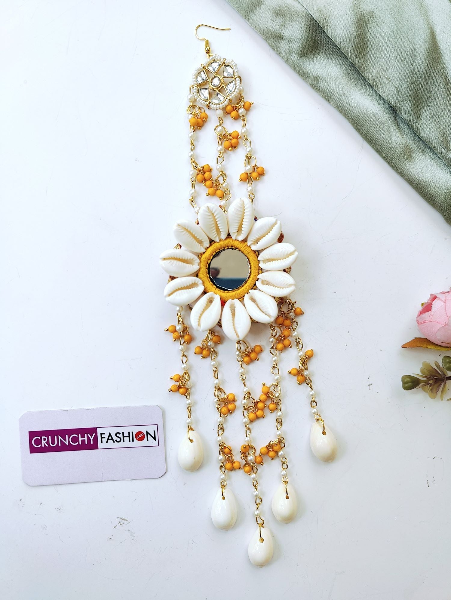 Handmade shell and pearl hair accessory, minimal yellow bridal hair jewellery, perfect for haldi or wedding looks