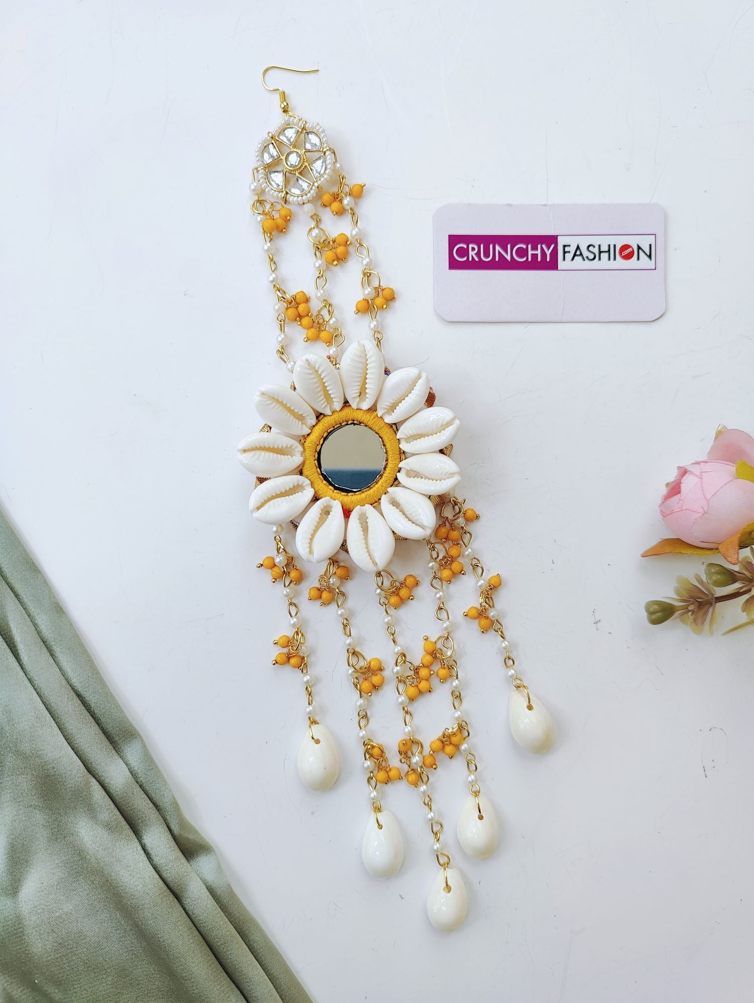 Handmade shell and pearl hair accessory, minimal yellow bridal hair jewellery, perfect for haldi or wedding looks