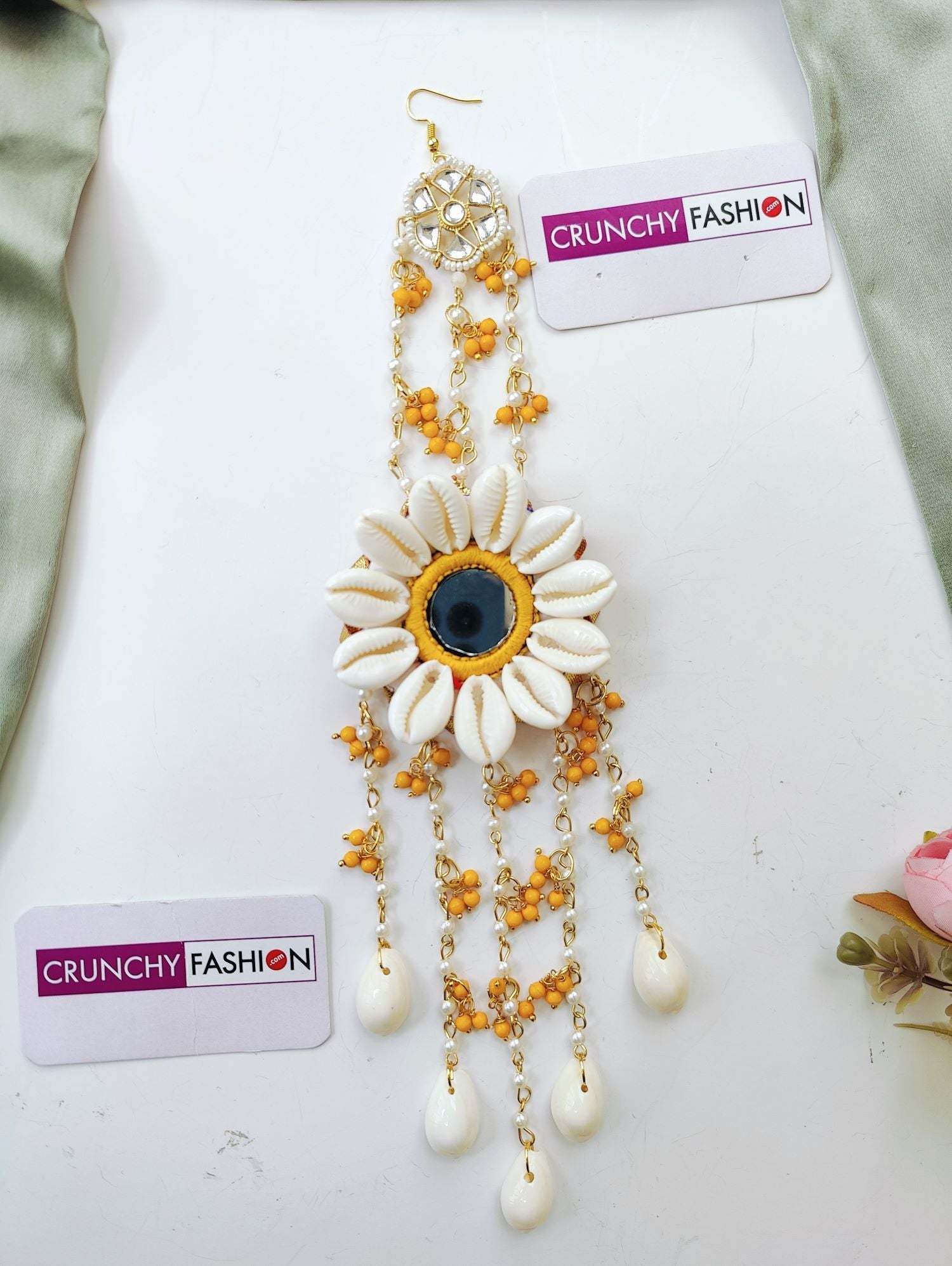 Handmade shell and pearl hair accessory, minimal yellow bridal hair jewellery, perfect for haldi or wedding looks