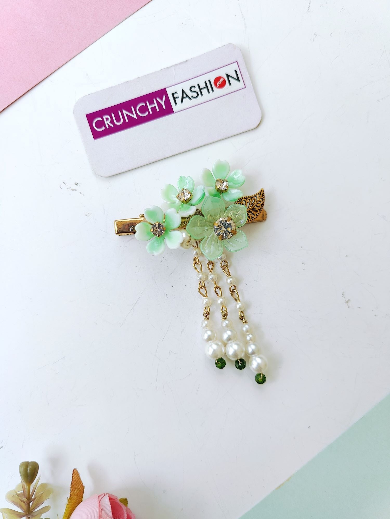 Sea green shell and pearl floral hair accessories for bridal women