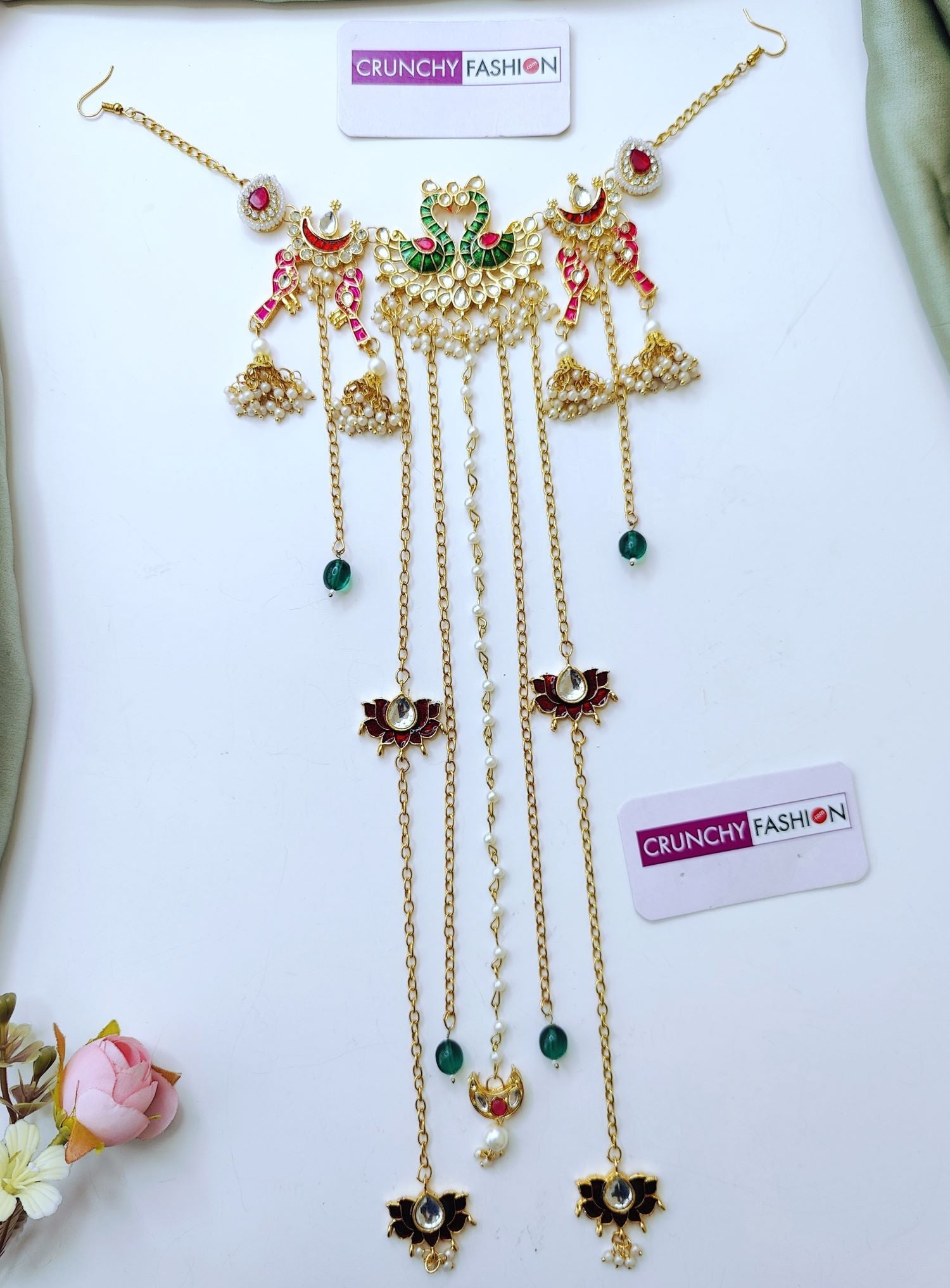 Red lotus handmade hair accessory for bride, kundan peacock design