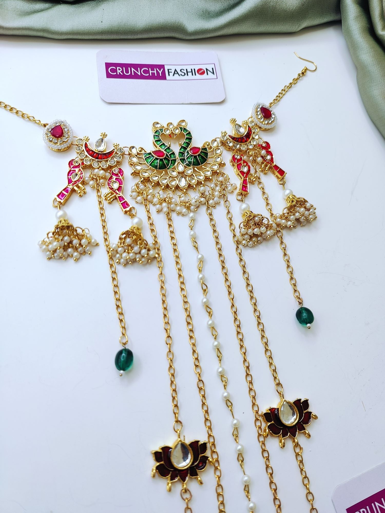Red lotus handmade hair accessory for bride, kundan peacock design