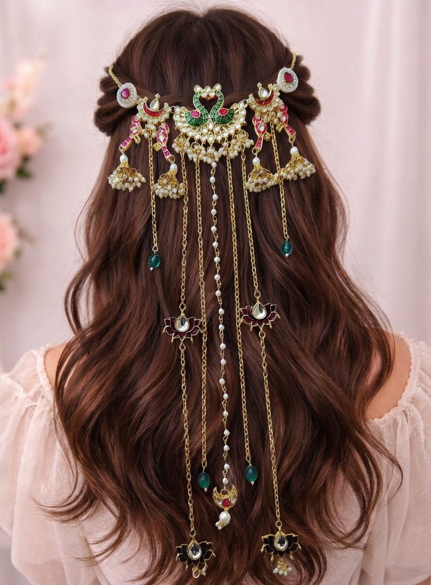 Red lotus handmade hair accessory for bride, kundan peacock design