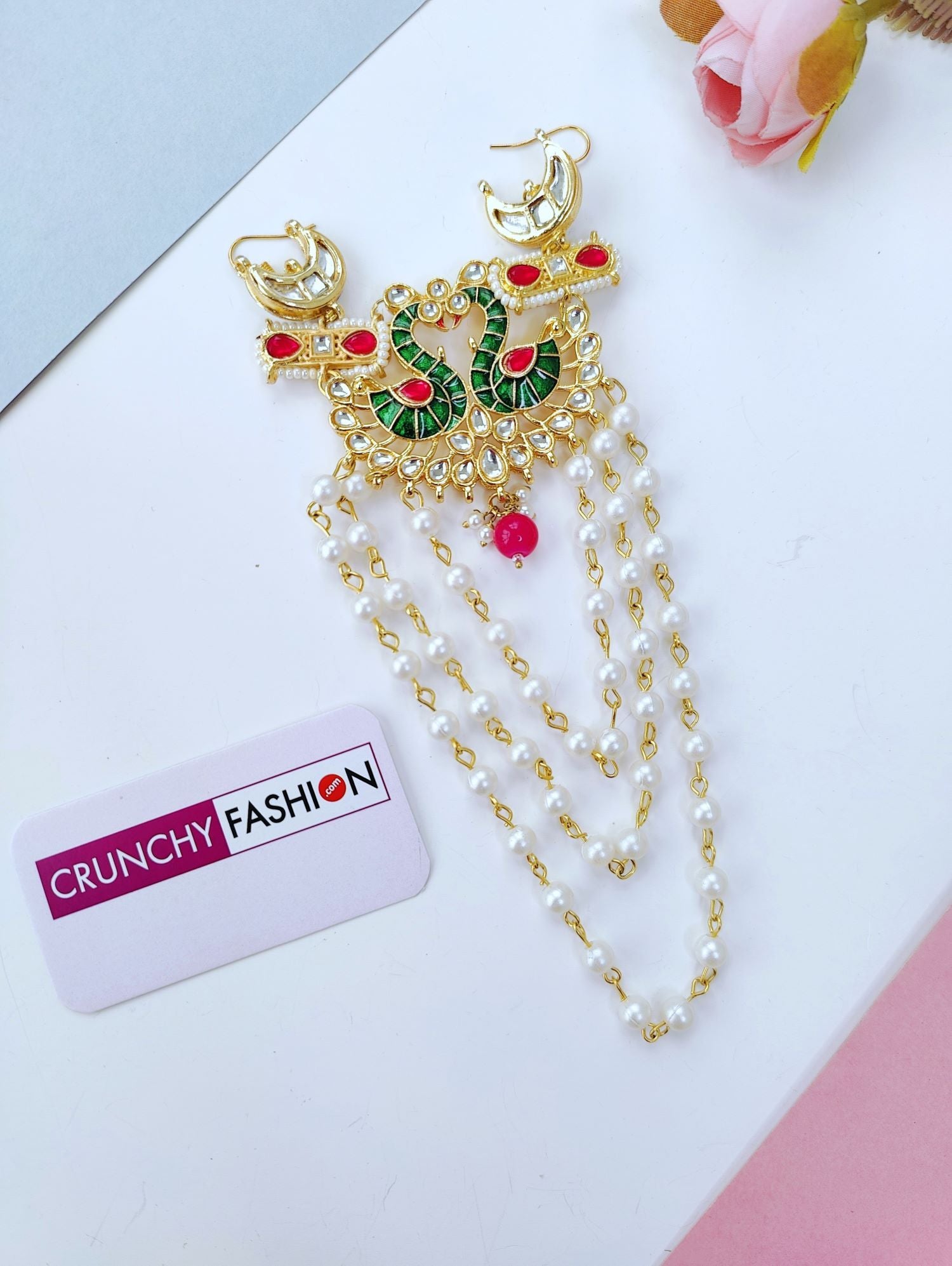 green peacock hair accessory with kundan and pearls for haldi mehndi