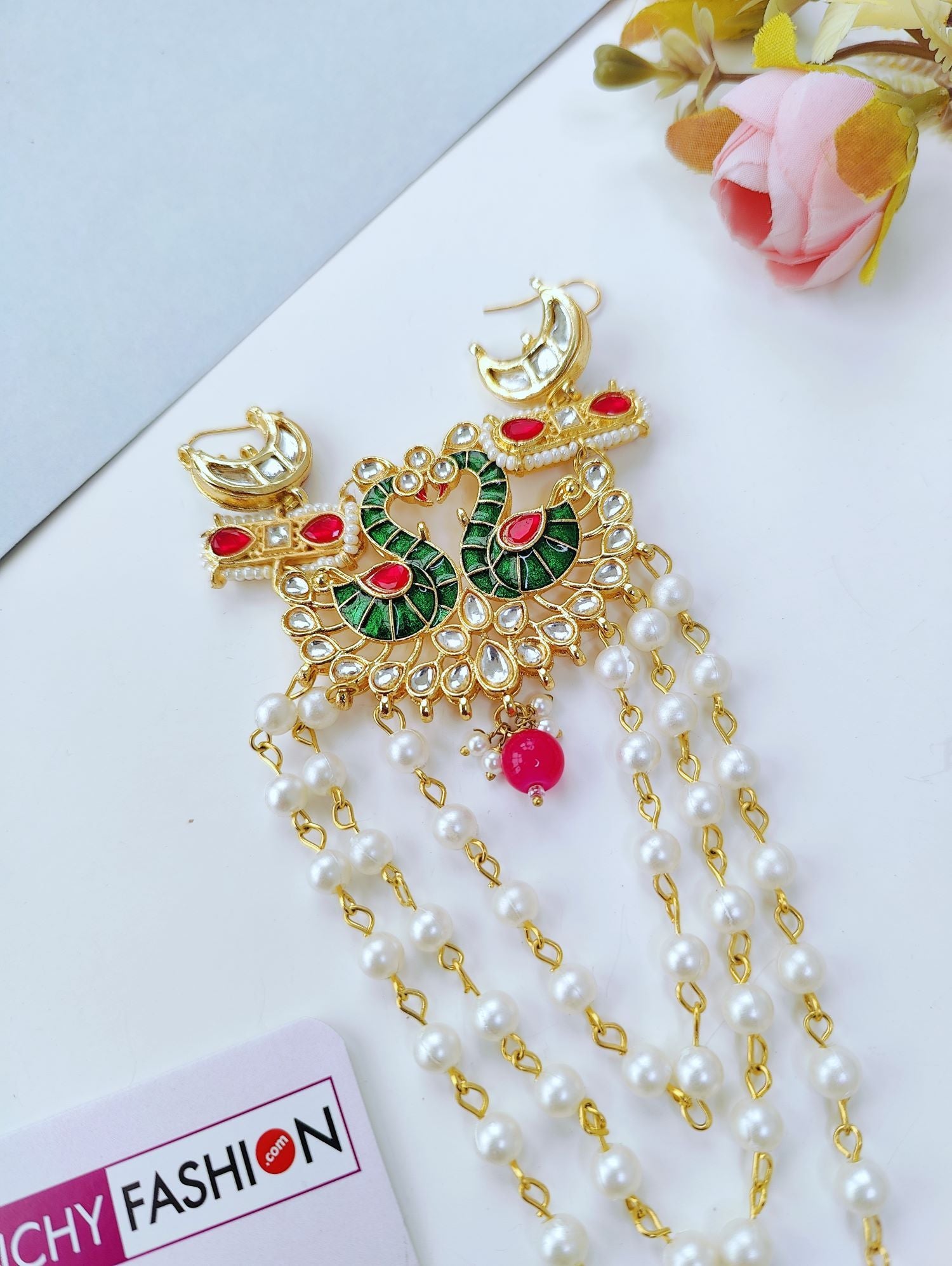 green peacock hair accessory with kundan and pearls for haldi mehndi