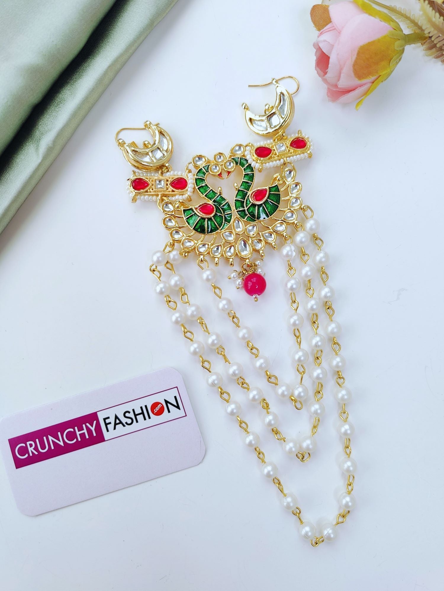 green peacock hair accessory with kundan and pearls for haldi mehndi